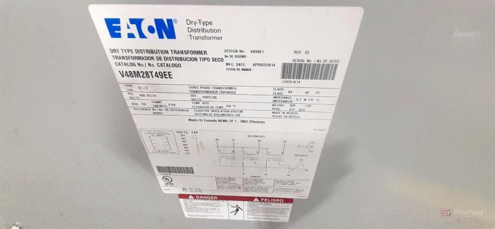 Eaton CAT# V48M28T49EE, Dry Type Low Voltage Distribution Transformer - Image 2 of 3