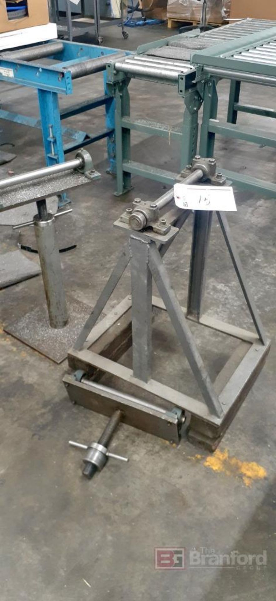 (2) Steel Material Feed Stands w/ (3) Roller Heads