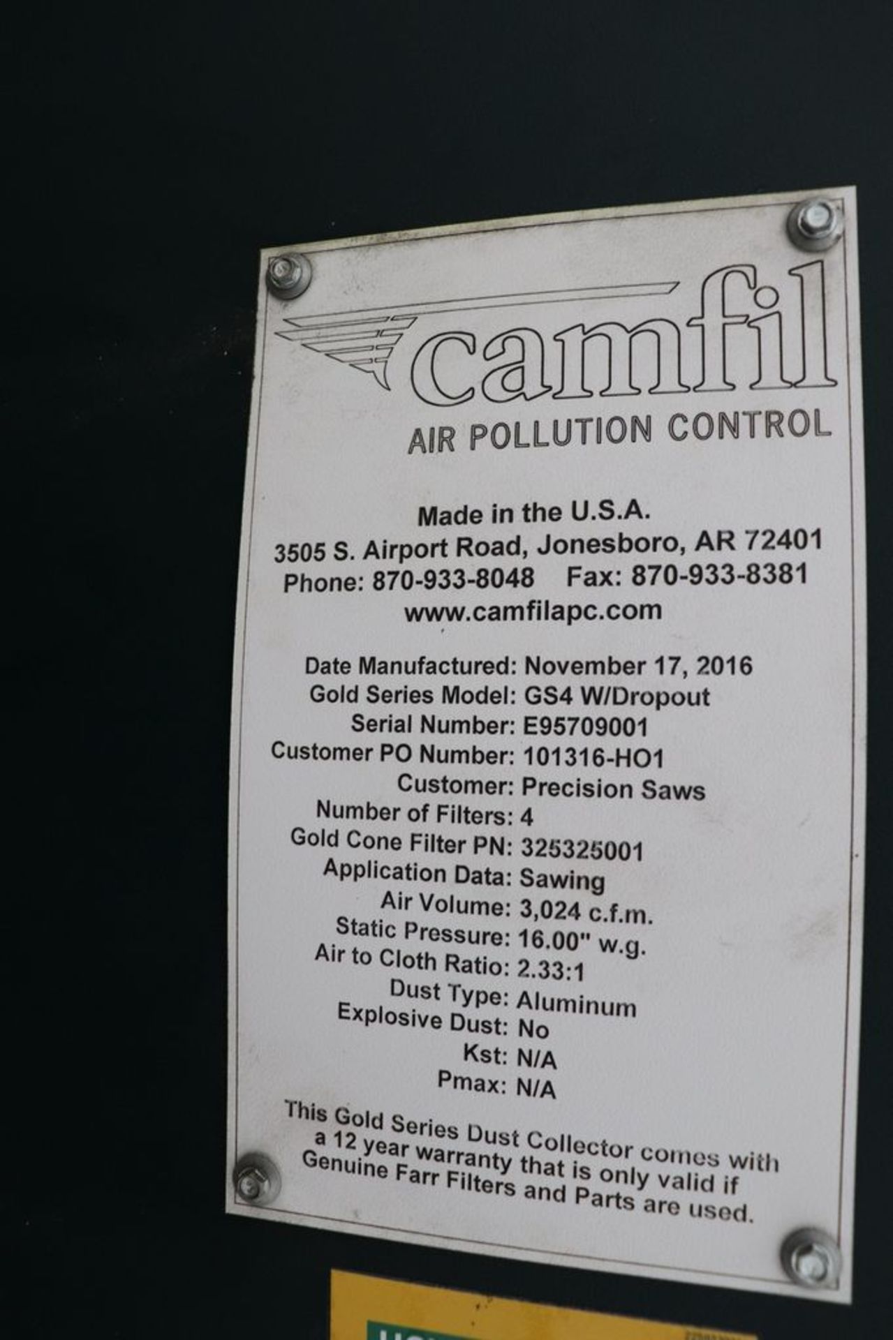 2016 Camfil Farr Gold Series GS4 3000 CFM 20 HP Cartridge Dust Collector - Image 17 of 17