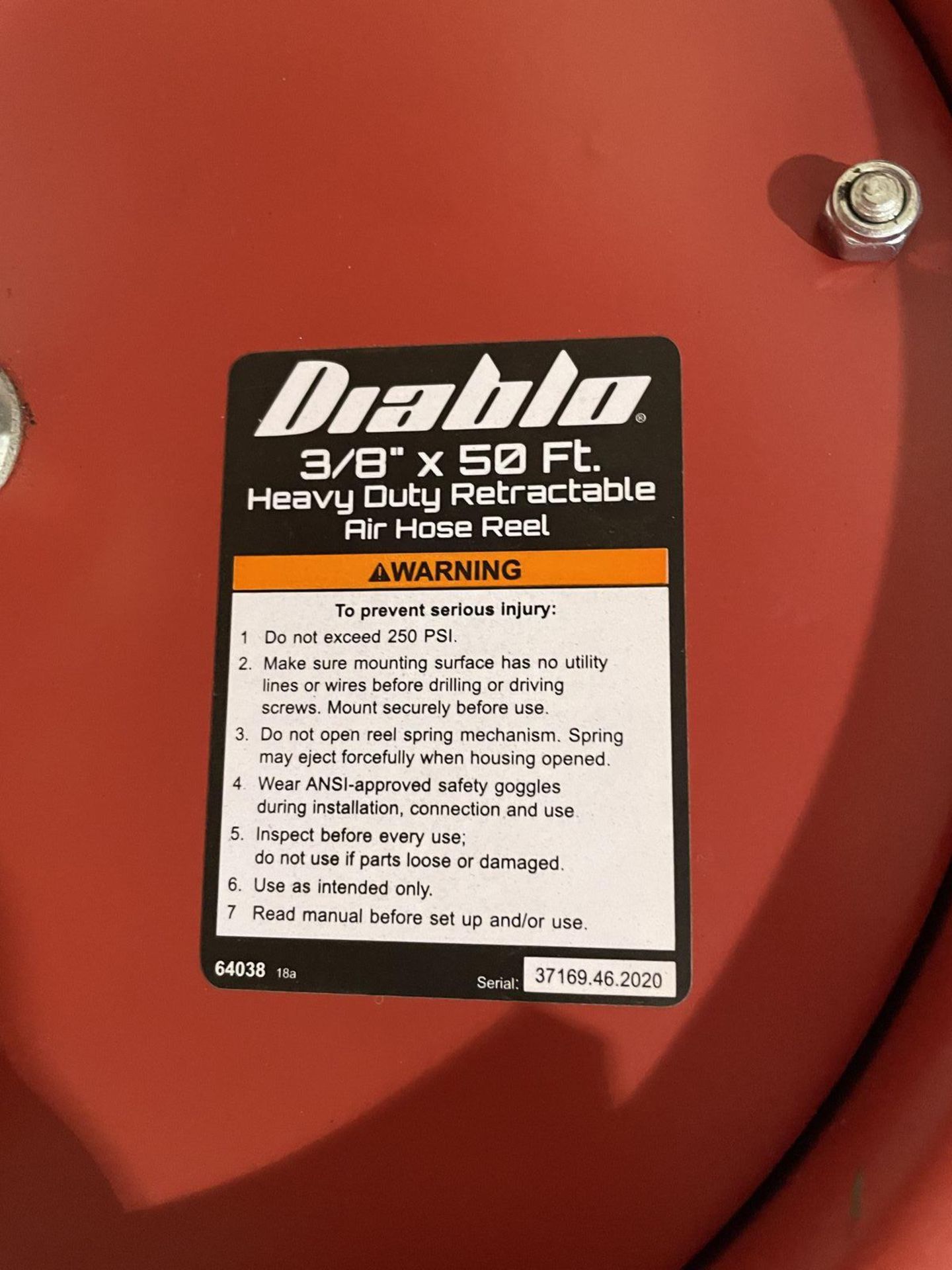 Diablo 3/8" x 50' Heavy Duty Retractable Air Hose Reel with Central Pneumatic Air Filter - Image 2 of 3