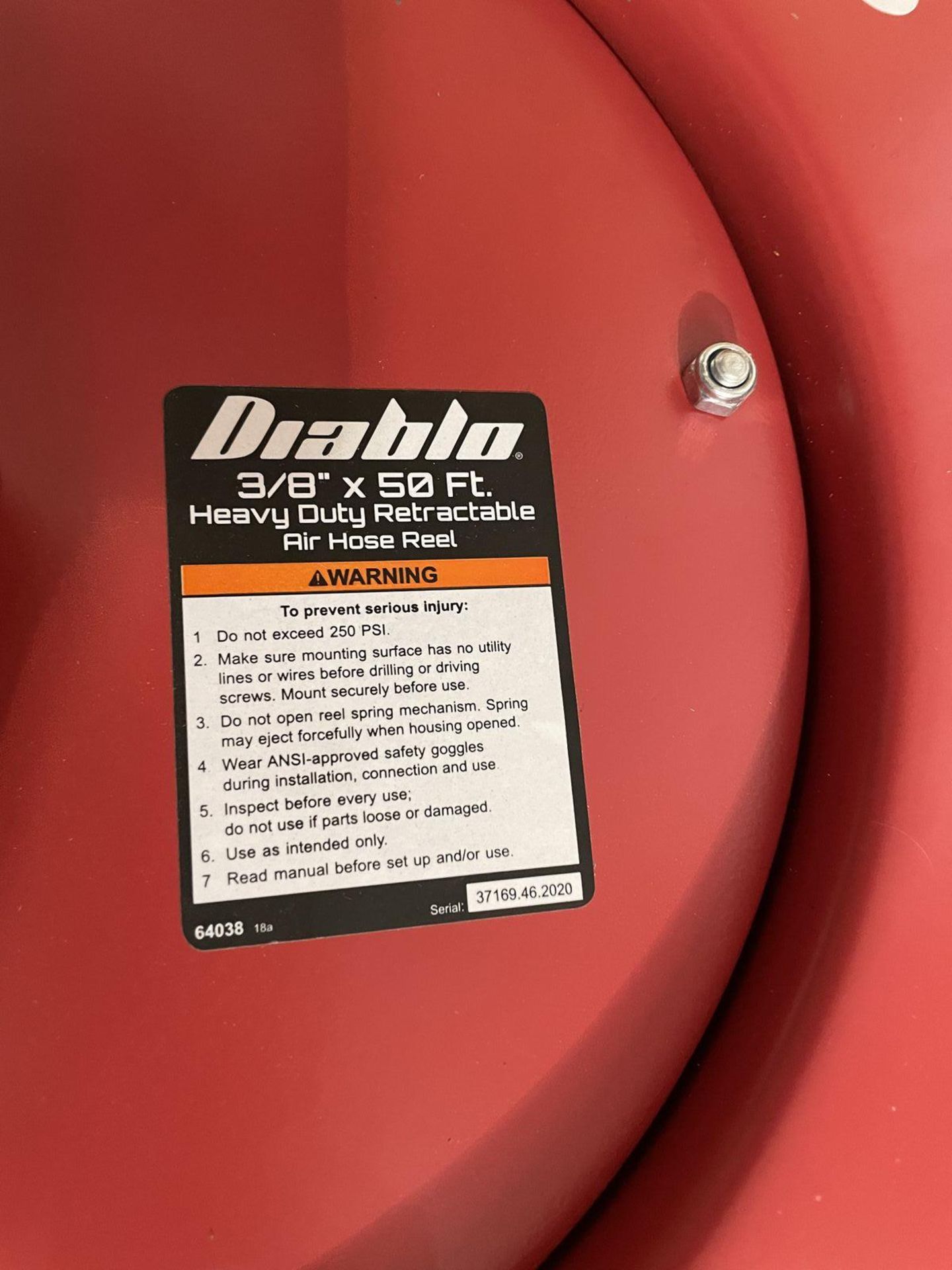 Diablo 3/8" x 50' Heavy Duty Retractable Air Hose Reel with Central Pneumatic Air Filter - Image 2 of 3