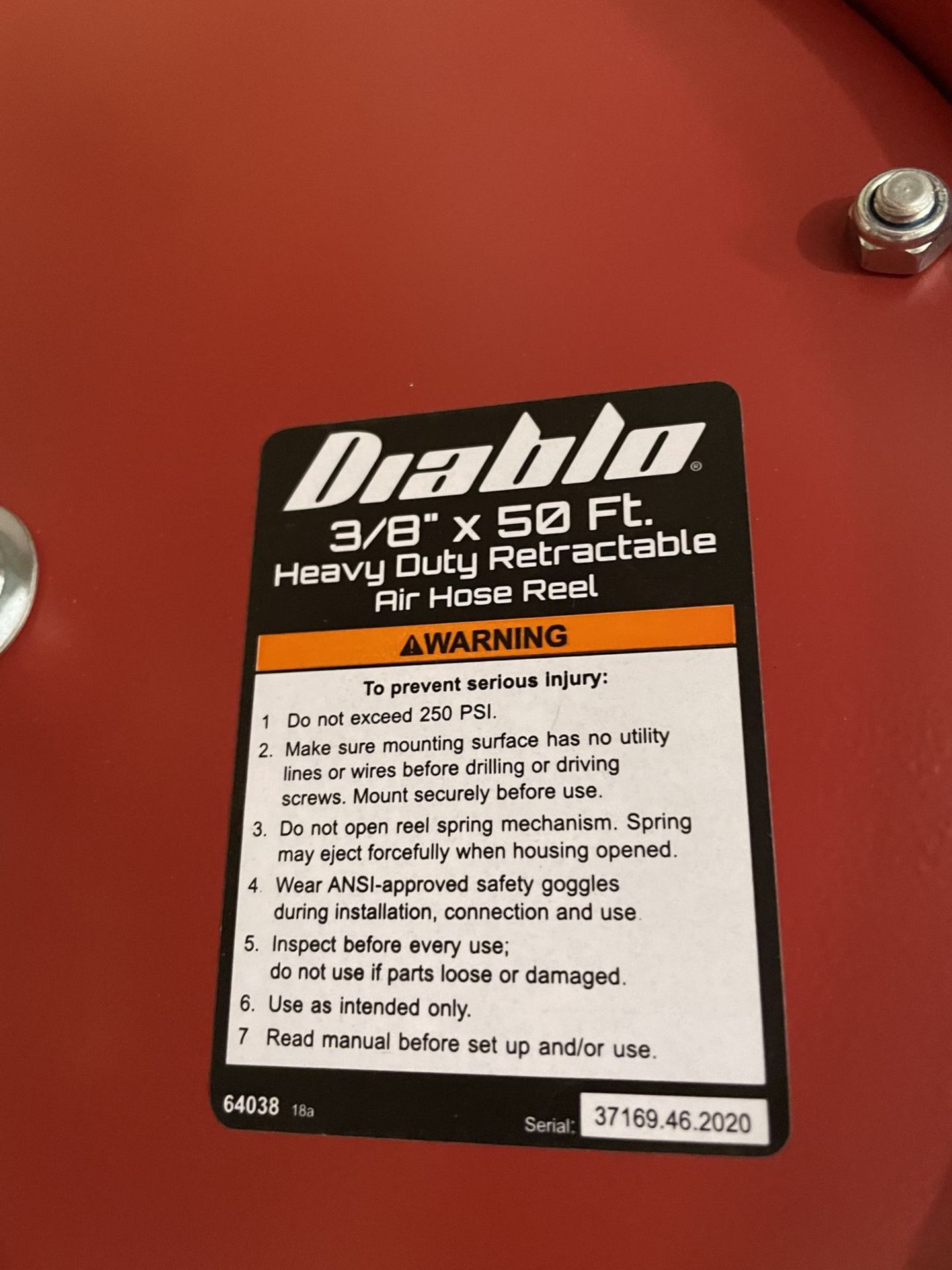 Diablo 3/8" x 50' Heavy Duty Retractable Air Hose Reel with Central Pneumatic Air Filter - Image 2 of 3