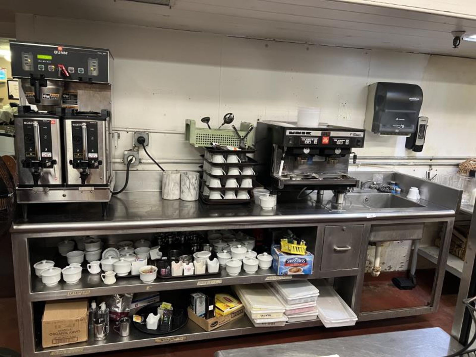 Stainless Steel Beverage Station with (2) Lower Shelves & Sink, One Drawer 112"x28" ,