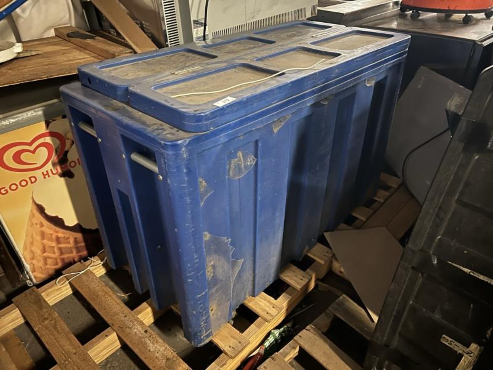 Large Blue Plastic Ice Cooler on Casters; Located in Mill Building