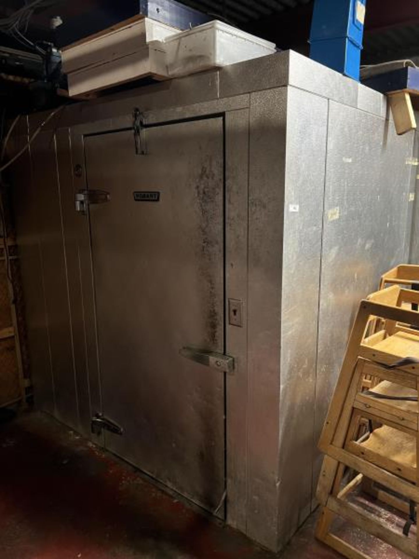 Hobart Walk-In Cooler, Untested, Broken Condenser Fan, 106" Long x 7' Deep x 79" Tall in Basement