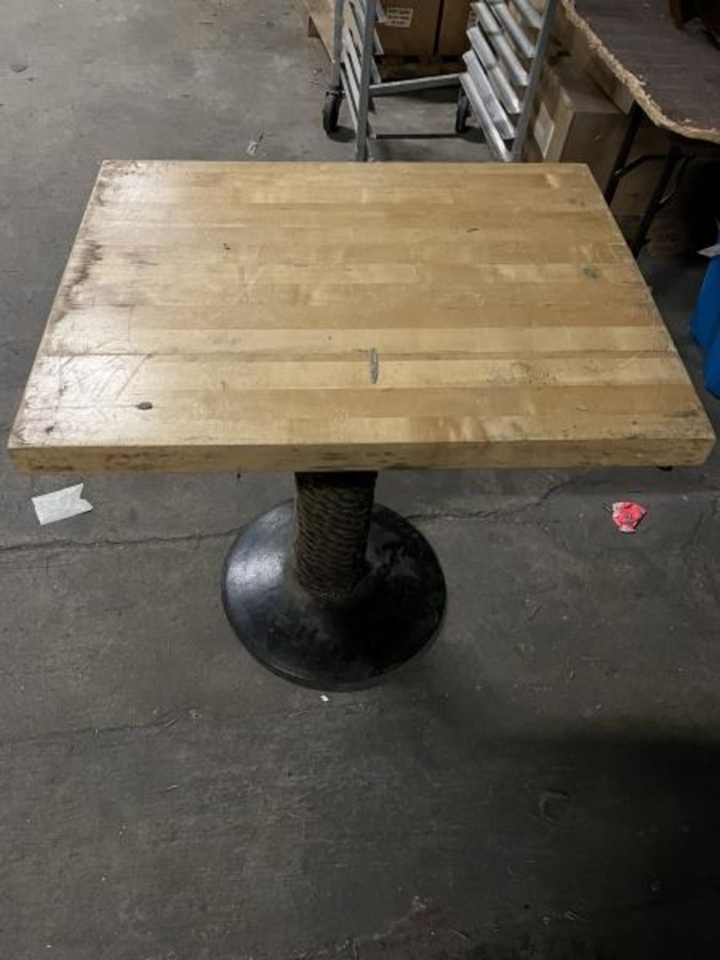 Lot of (17) Wooden Top Pedestal Tables with Rope Wrapped Around Pedestal, 2'x30"; (3) Bases Have