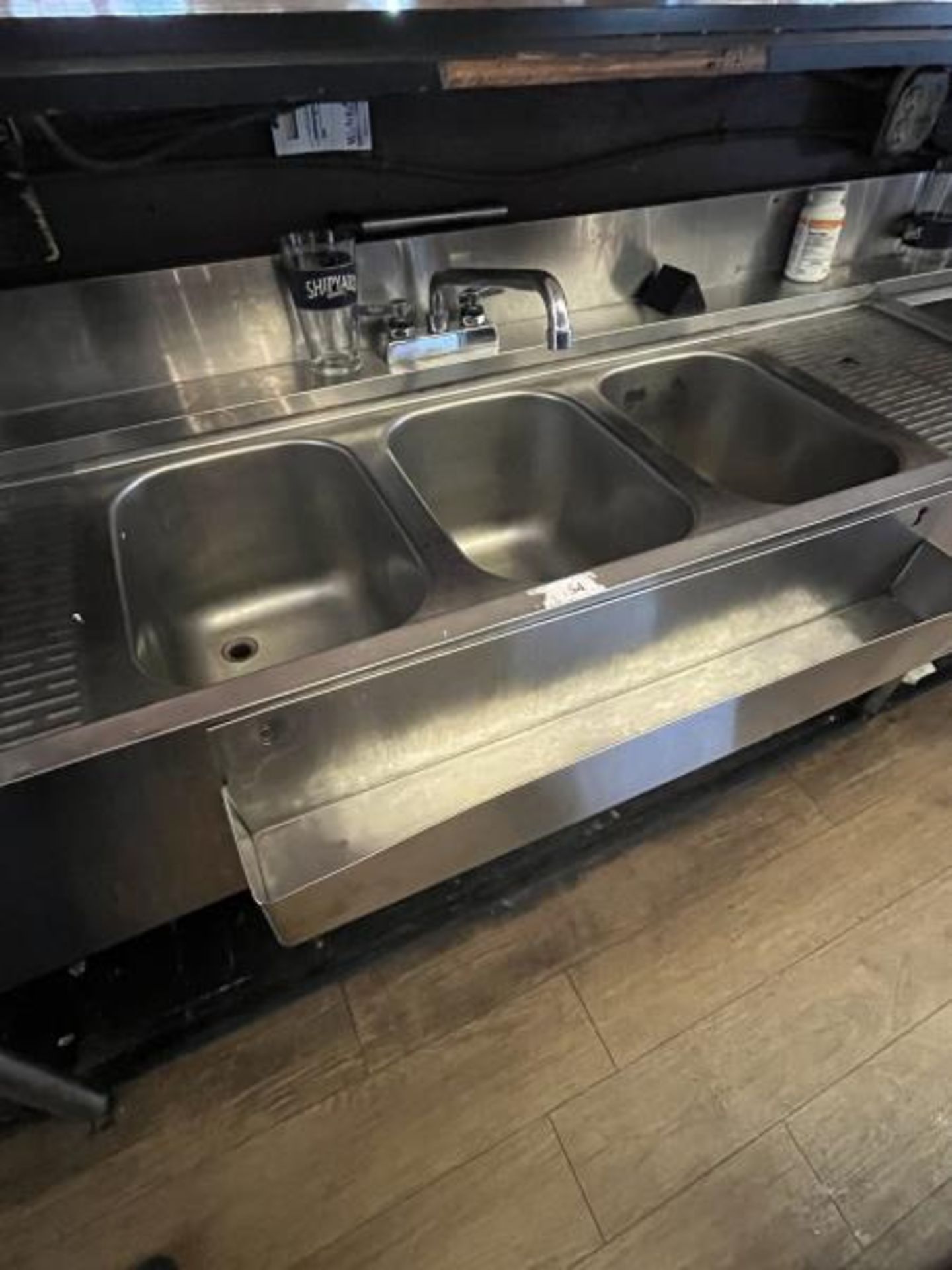 Krowne Back Bar 3-Bay Sink with Attached Ice Bin 95" Long x 23" Deep in Banquet room - Image 2 of 5