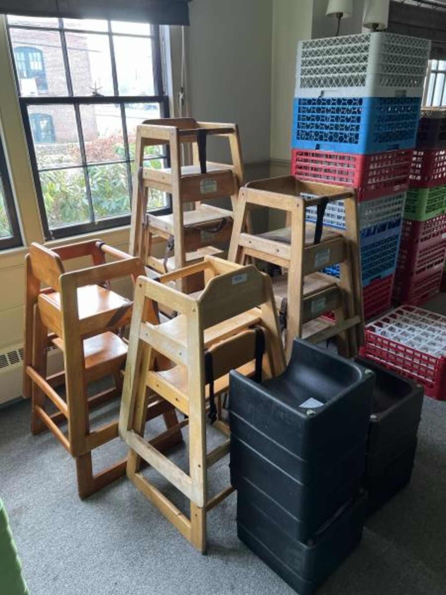 Lot of (11) Wooden High Chairs & (5) Plastic Booster Seats; Located in Front R Room