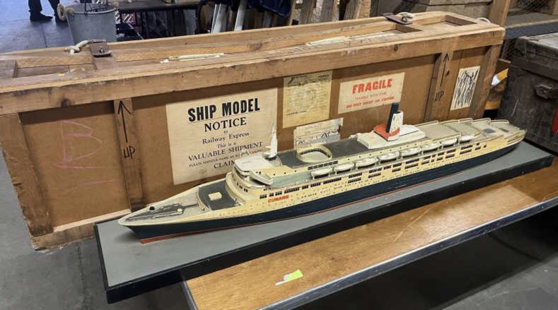 Queen Elizabeth 2 Ship Model with Original Shipping Crate, Missing (6) Life Boats, Paint Loss on