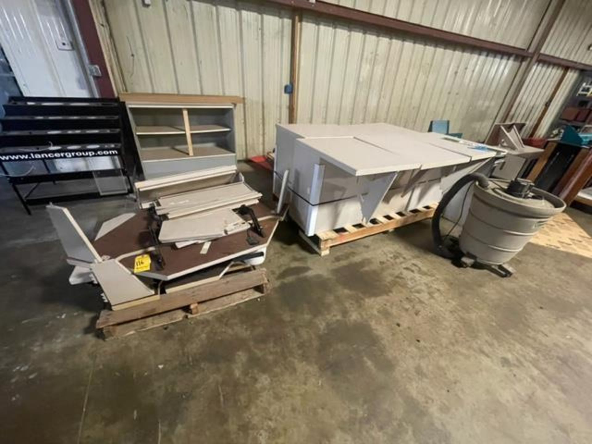 Miscellaneous disassembled shelving tables, metal cabinets, fencing, craftsman vac - Image 2 of 4