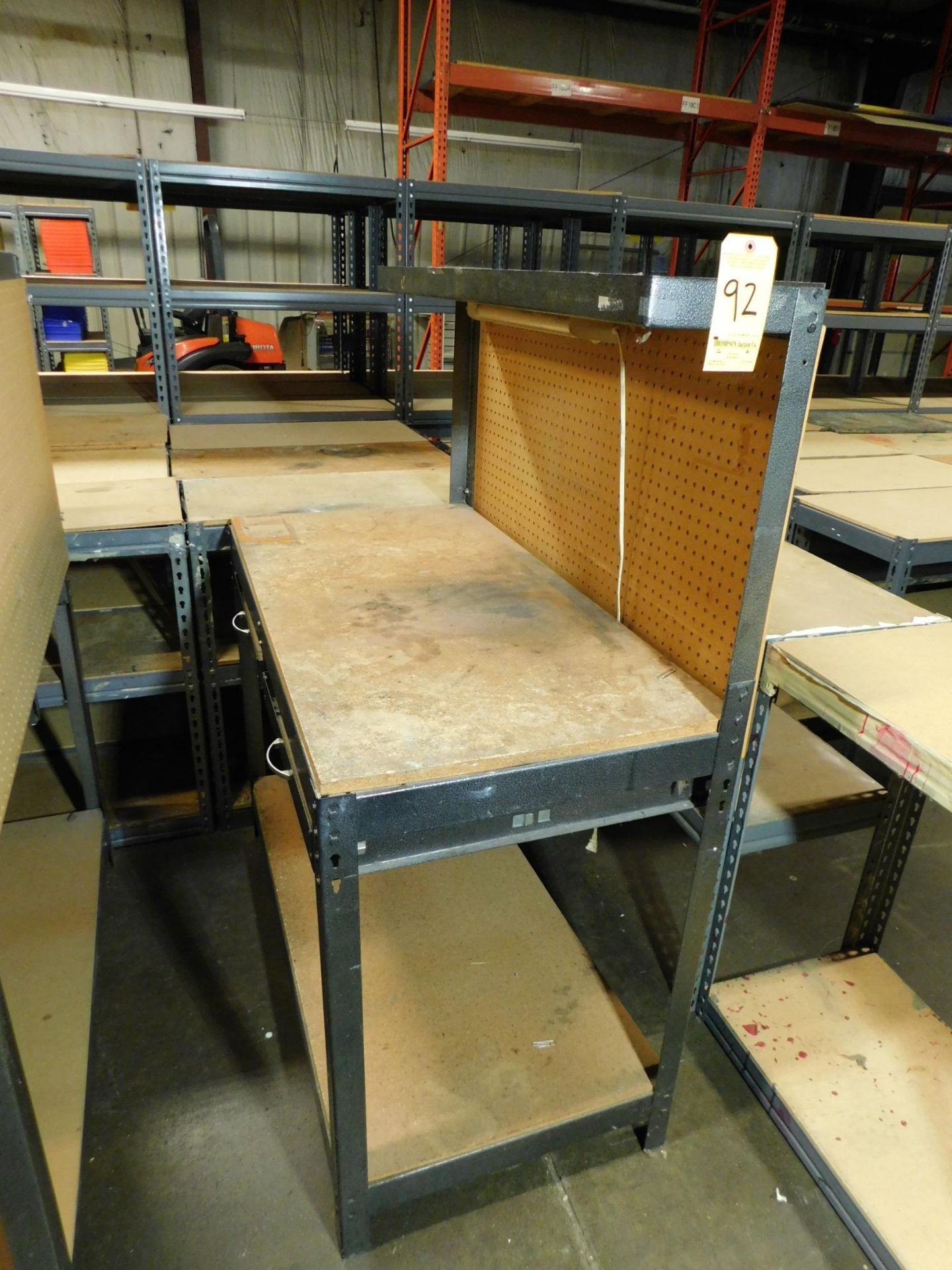 (3) Shelving Units, 3' W x 3' T x 18" Deep with Workbench, 4'L x 5'T x 24" Deep