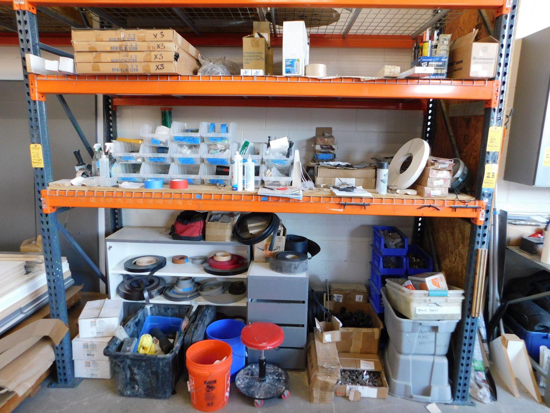 Contents of (3) Shelves Only Including: Cabinet hardware, Edge Banding Supplies, Misc. Fasteners,