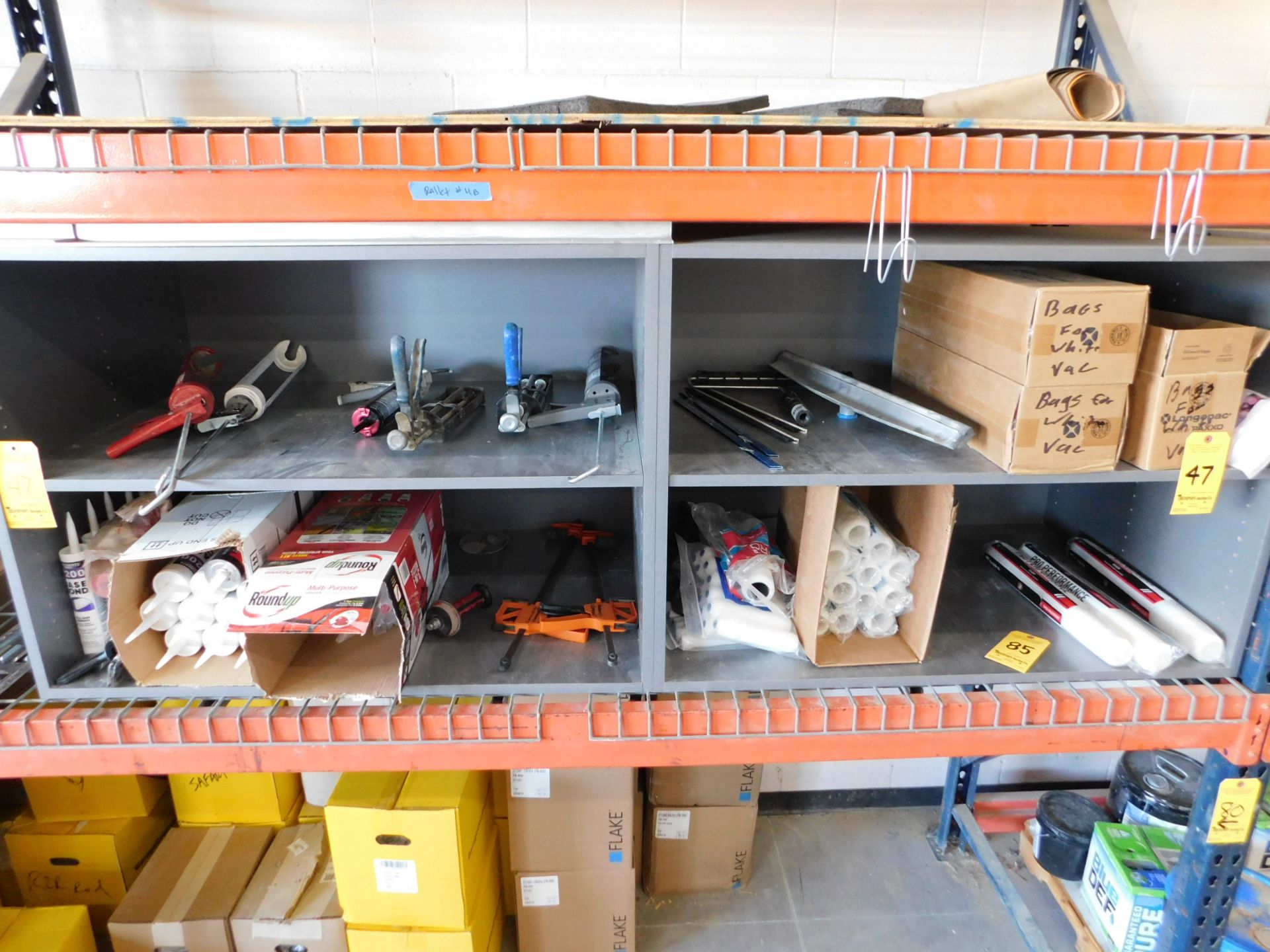 Wood Shelving Unit and Contents of Shelving Unit, Caulk Guns, Sealants, Rollers, Misc.