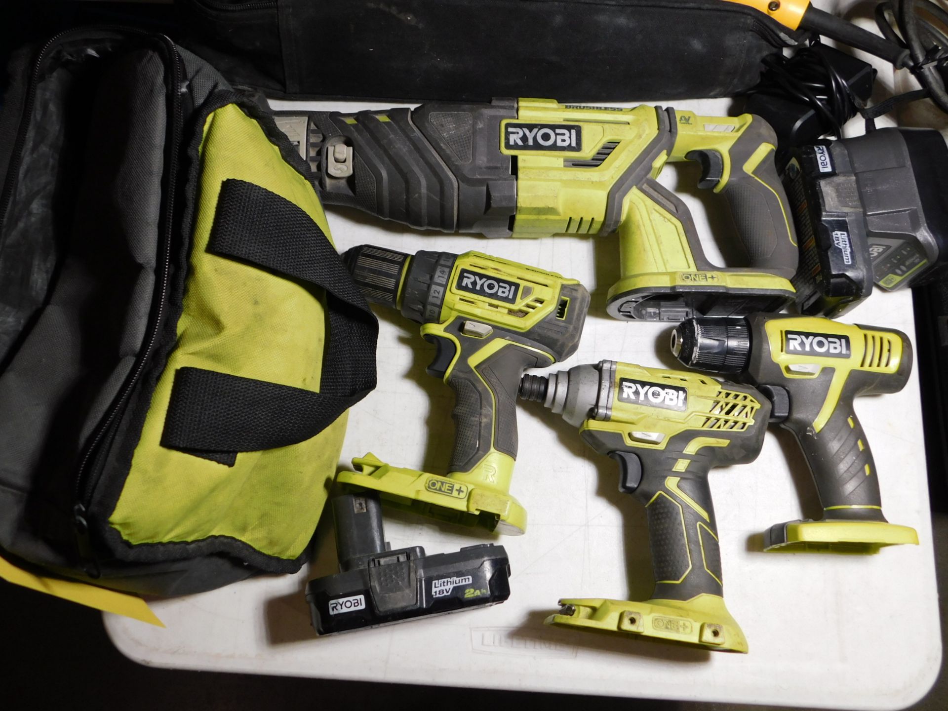 Ryobi Battery Powered Reciprocating Saw and (3) Electric Drills with Charger