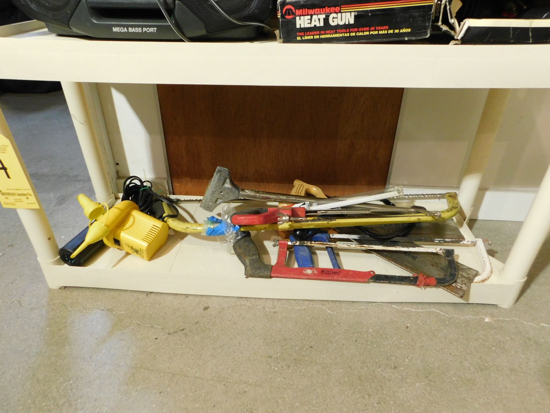 Contents of Shelf, Misc. Saws, Air Pump