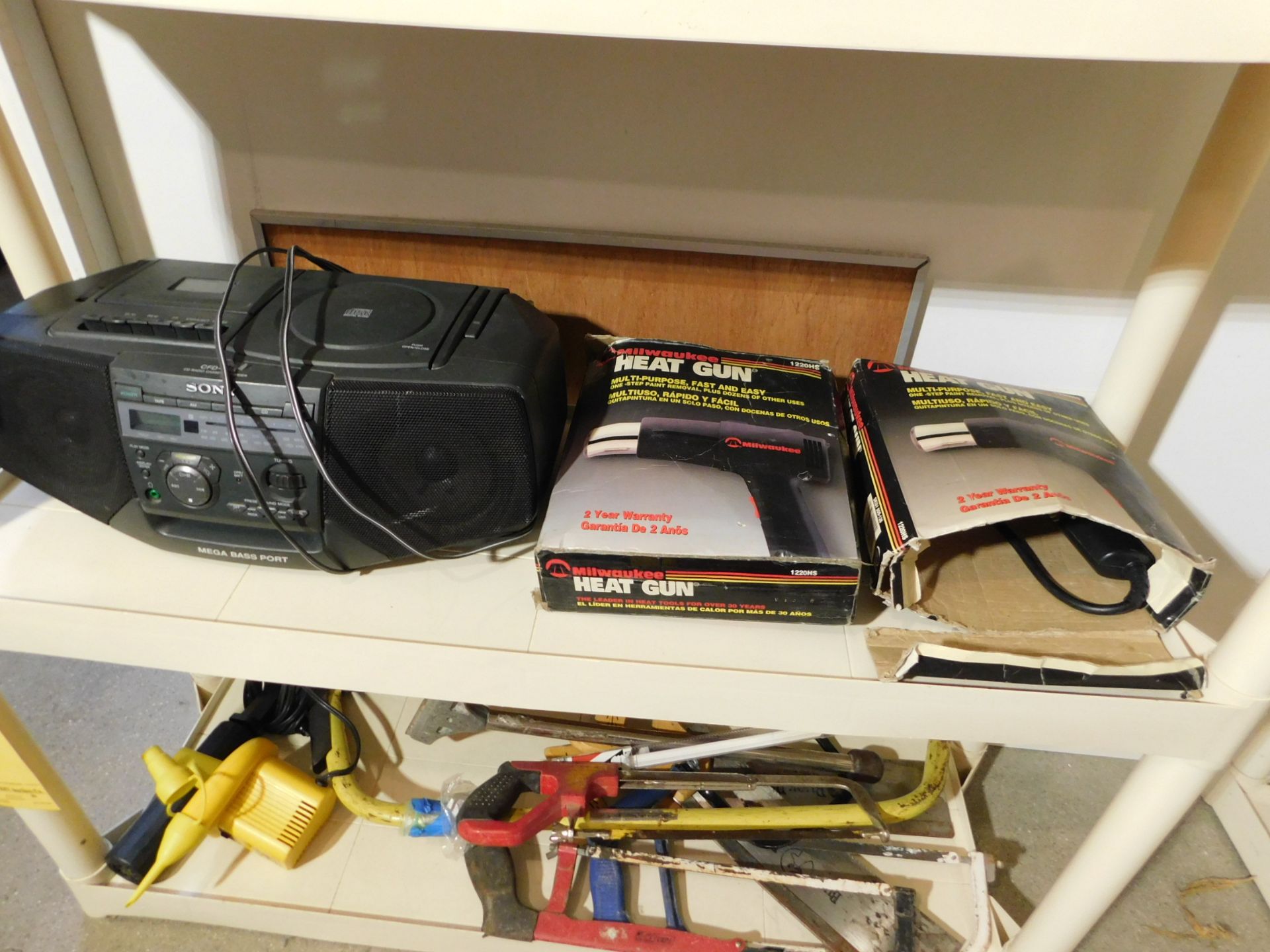 Contents of Shelf, (2) Heat Guns, Radio