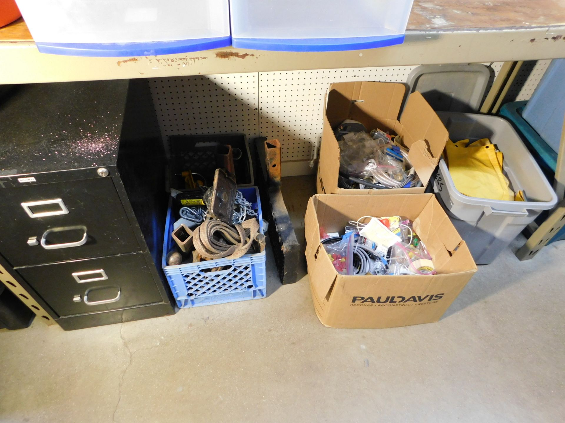 Two Drawer Filing Cabinet, Chains, Hitches, Rain jackets, Misc. Plumbing and Electrical Components