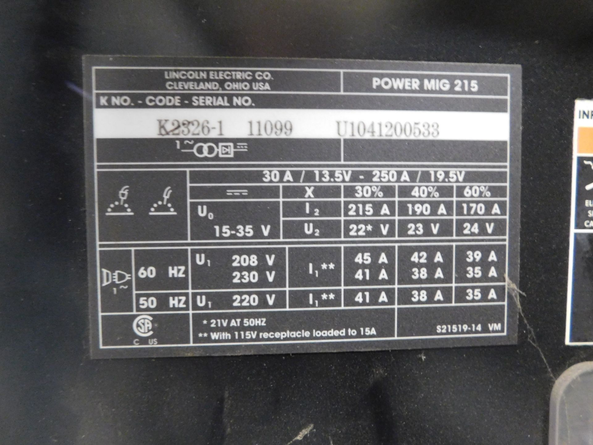 Lincoln Power Mig 215 Mig Welder, s/n U1041200533, 220/1/60 - Image 5 of 5