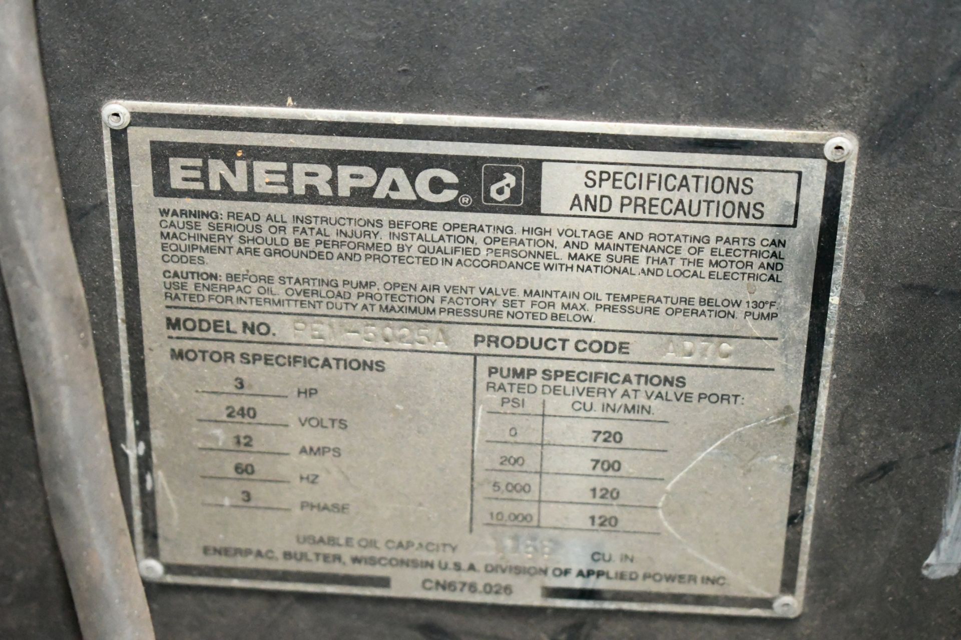 Enerpac Hush-Pump Model PEM-5025A Electric Hydraulic Pump, 3-HP, 10,000-PSI, 240-Volts, 3-PH - Image 3 of 3