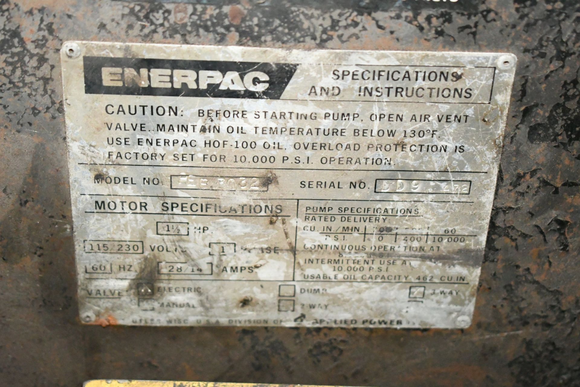 Enerpac Model PER-3032 Electric Hydraulic Pump, S/N DD9-472, 1-1/2-HP, 10,000-PSI, 230-Volts, 1-PH - Image 3 of 3