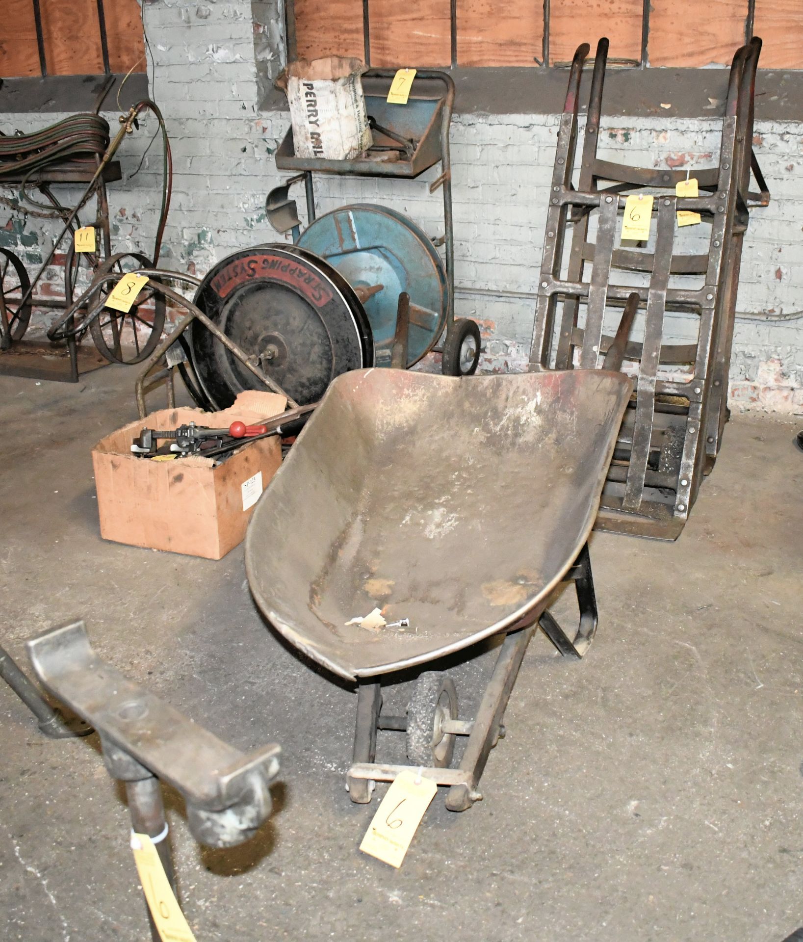 Lot-(2) 2-Wheel Hand Carts, Wheel Barrow and Stock Stand