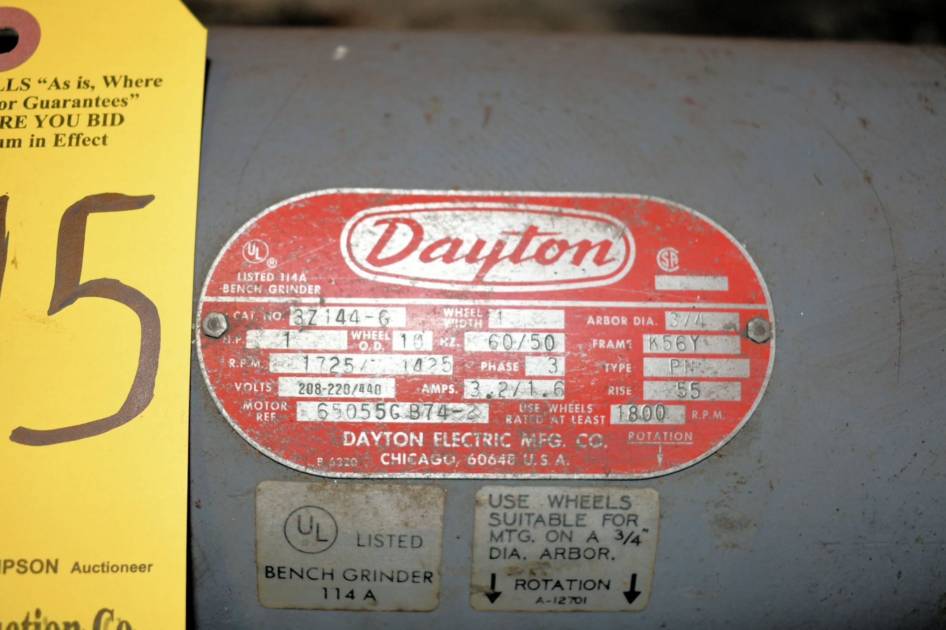 Dayton Model 3Z144-G 3-PH, 1-HP, 1,725-RPM 8" Double End Pedestal Type Grinder - Image 2 of 2