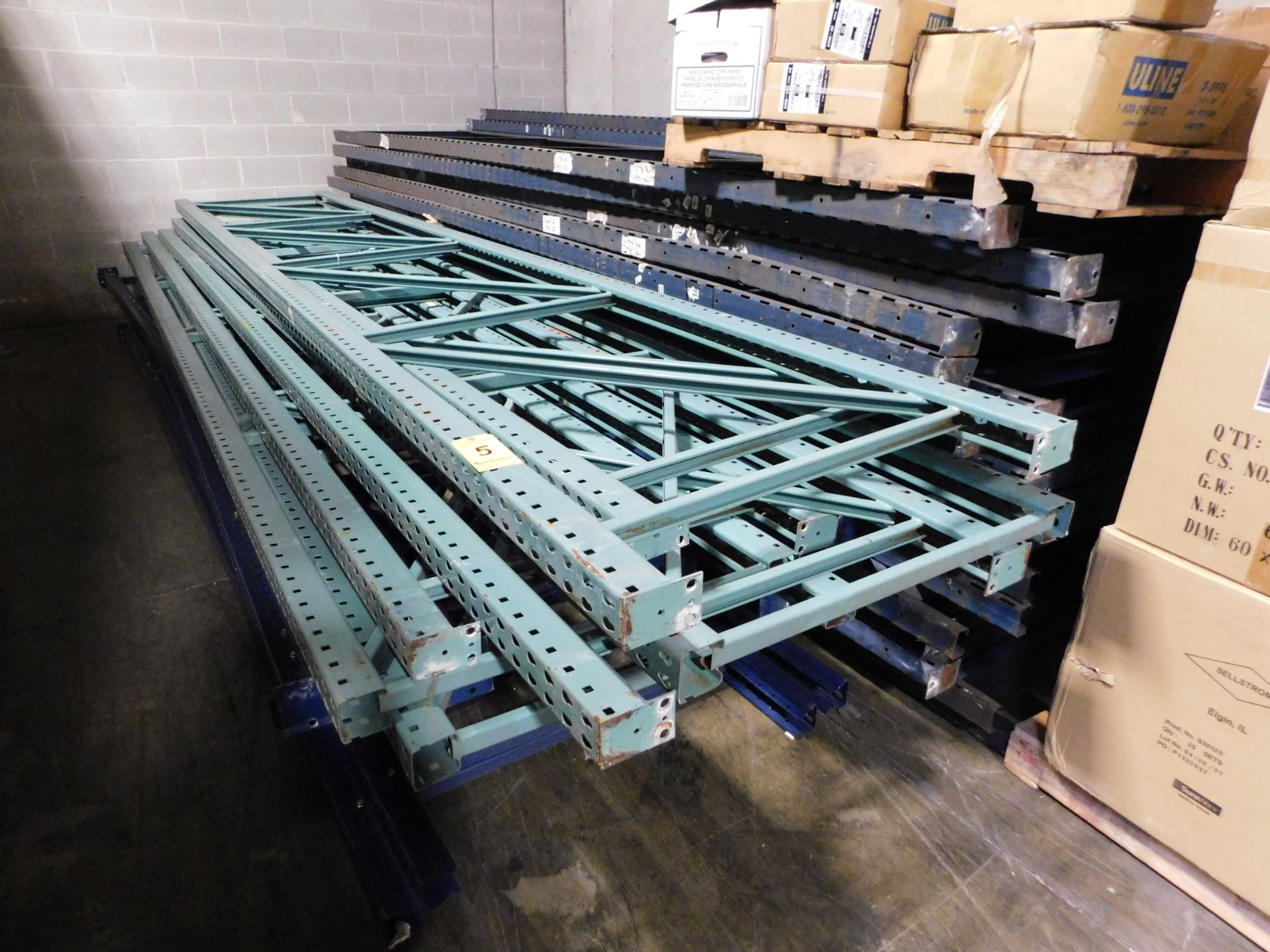 (50) Sections of Dissembled Pallet Racking, Two Shelves, (59) Uprights 3' x 17', (5) Uprights 42"