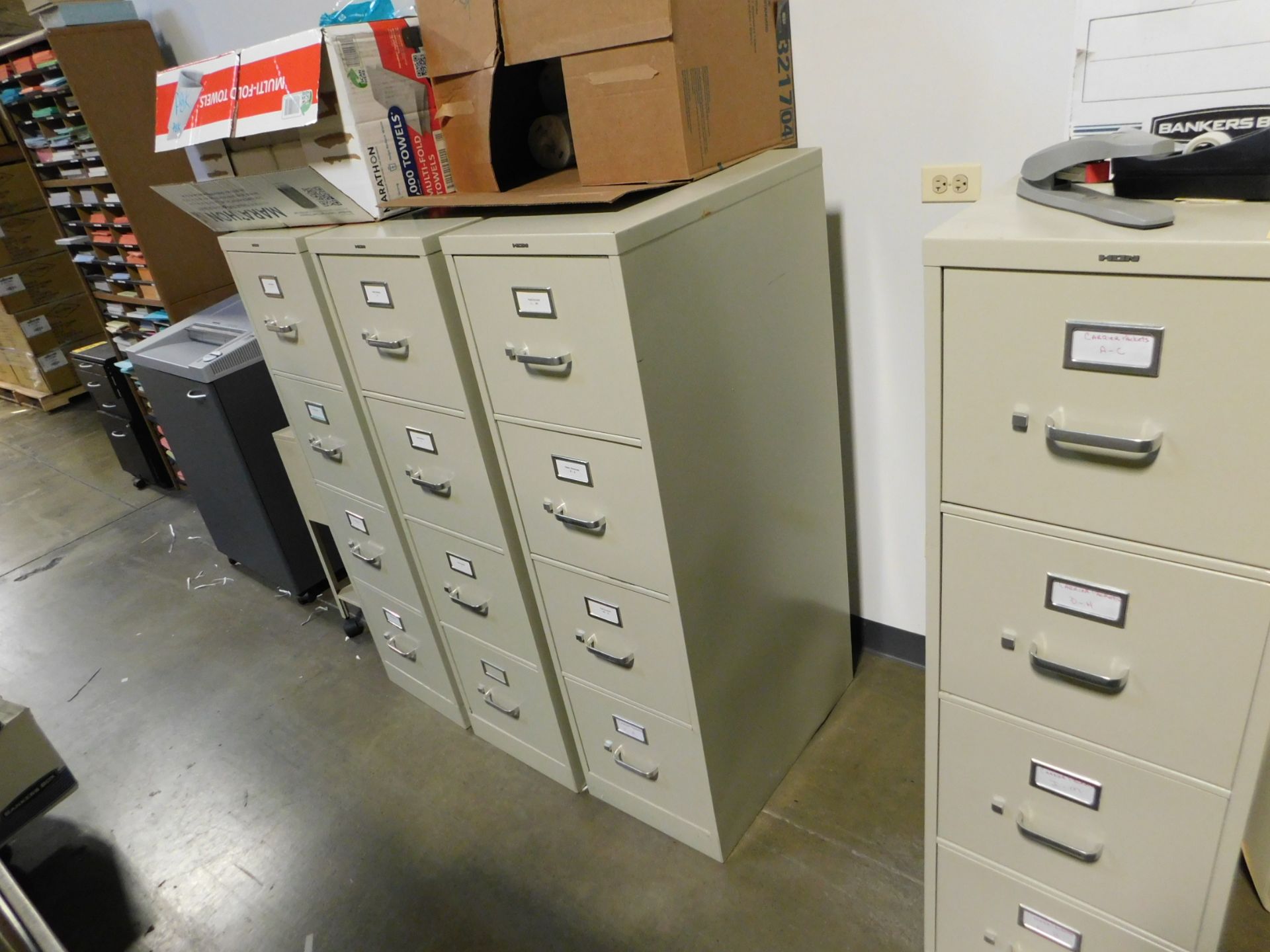 (4) Four Drawer Filing Cabinets, (1) Two Drawer Cabinet, Shelving for Forms