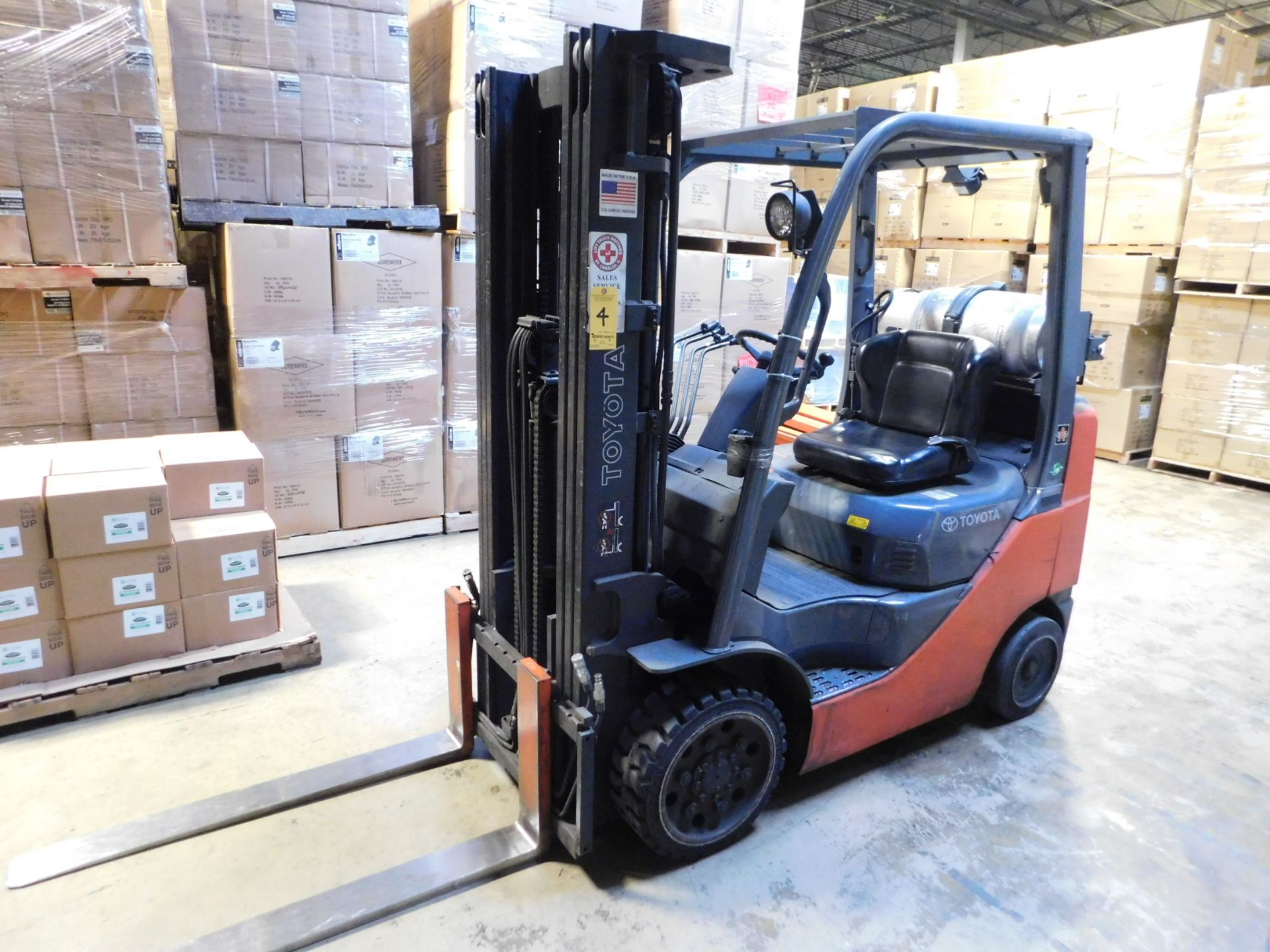 2013 Toyota Forklift, Model 8FGCU25, s/n 40136, 12,077 hrs., LP, Side Shift, Solid Tire, 5,000 lb.