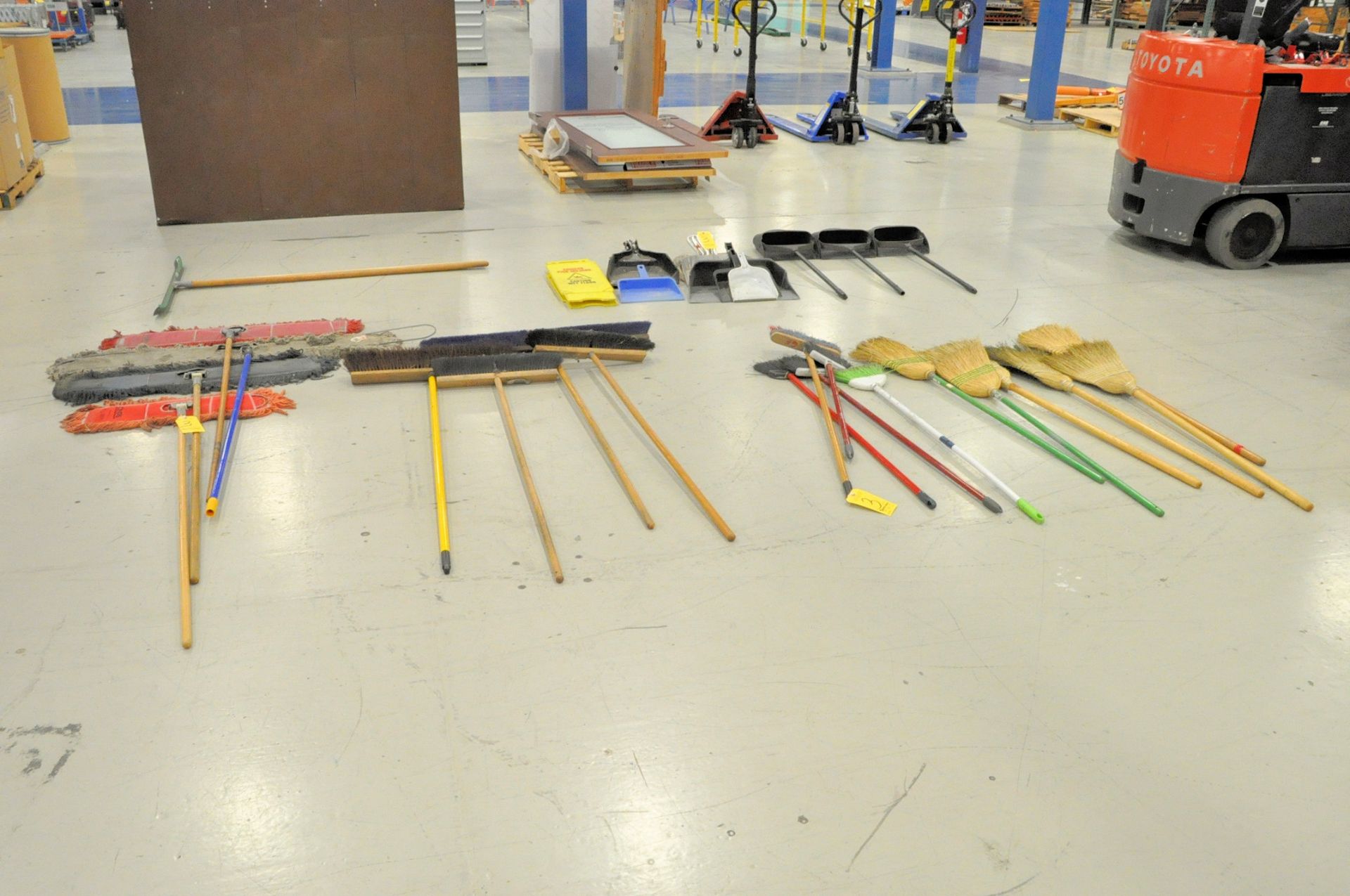 Lot-Various Straight Brooms, Push Brooms Dust Mops, Squeegee and Dust Pans