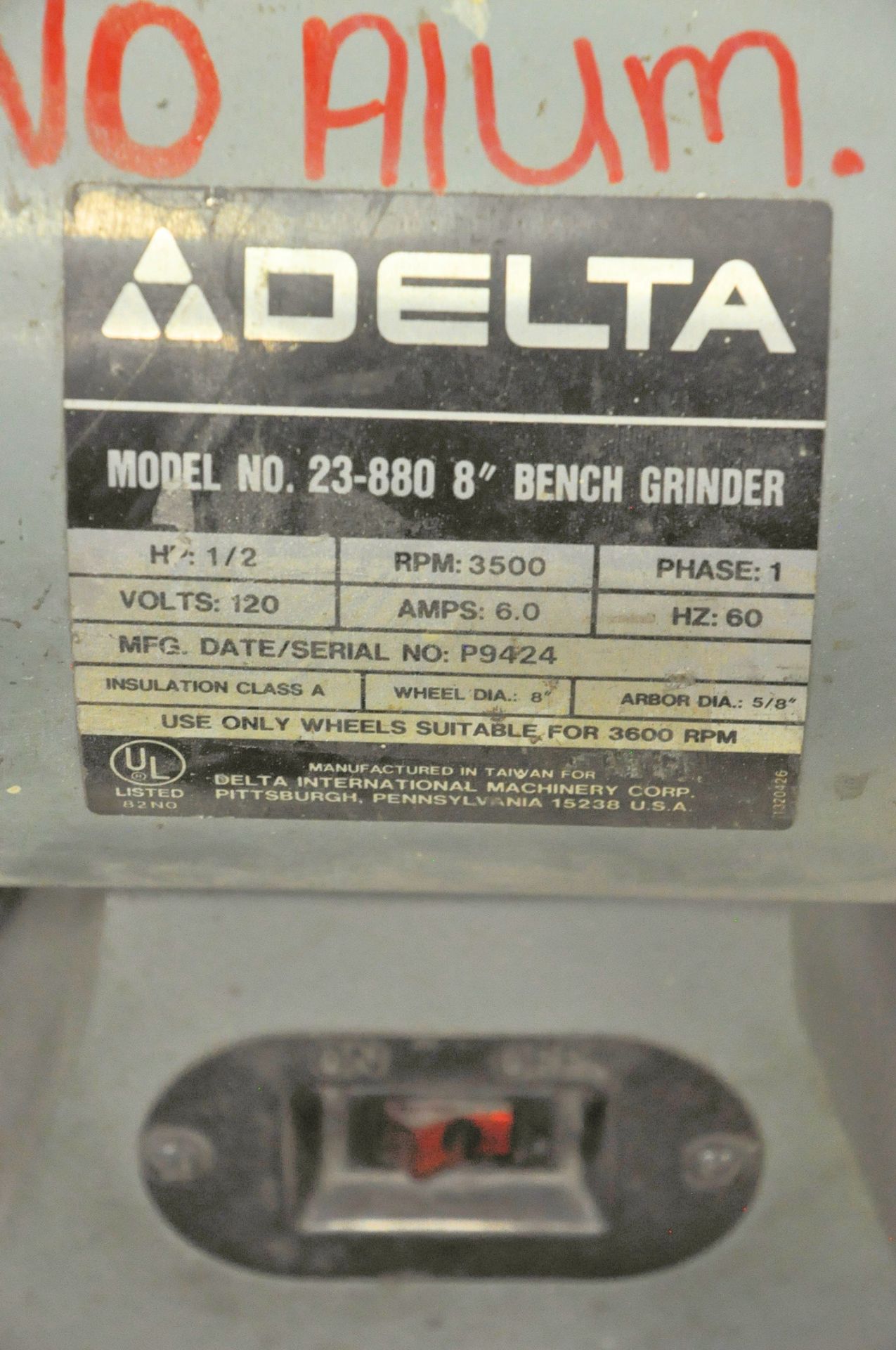 Delta Model 23-880, 8" x 1/2-HP Double End Pedestal Type Grinder, S/n P9424 - Image 2 of 2