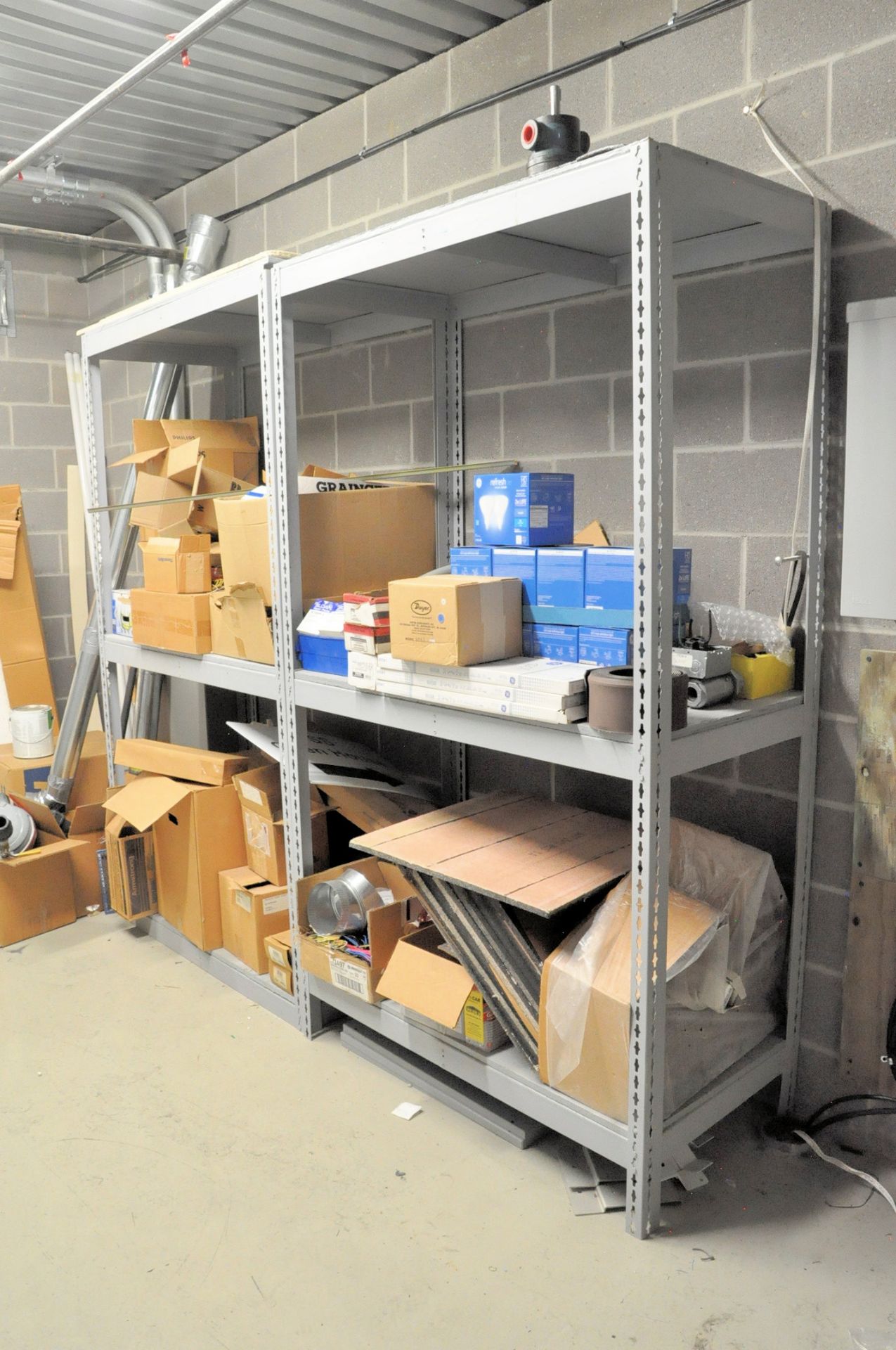 Lot-Lights, Ballasts and Fittings with (2) Sections Shelving in Storeroom