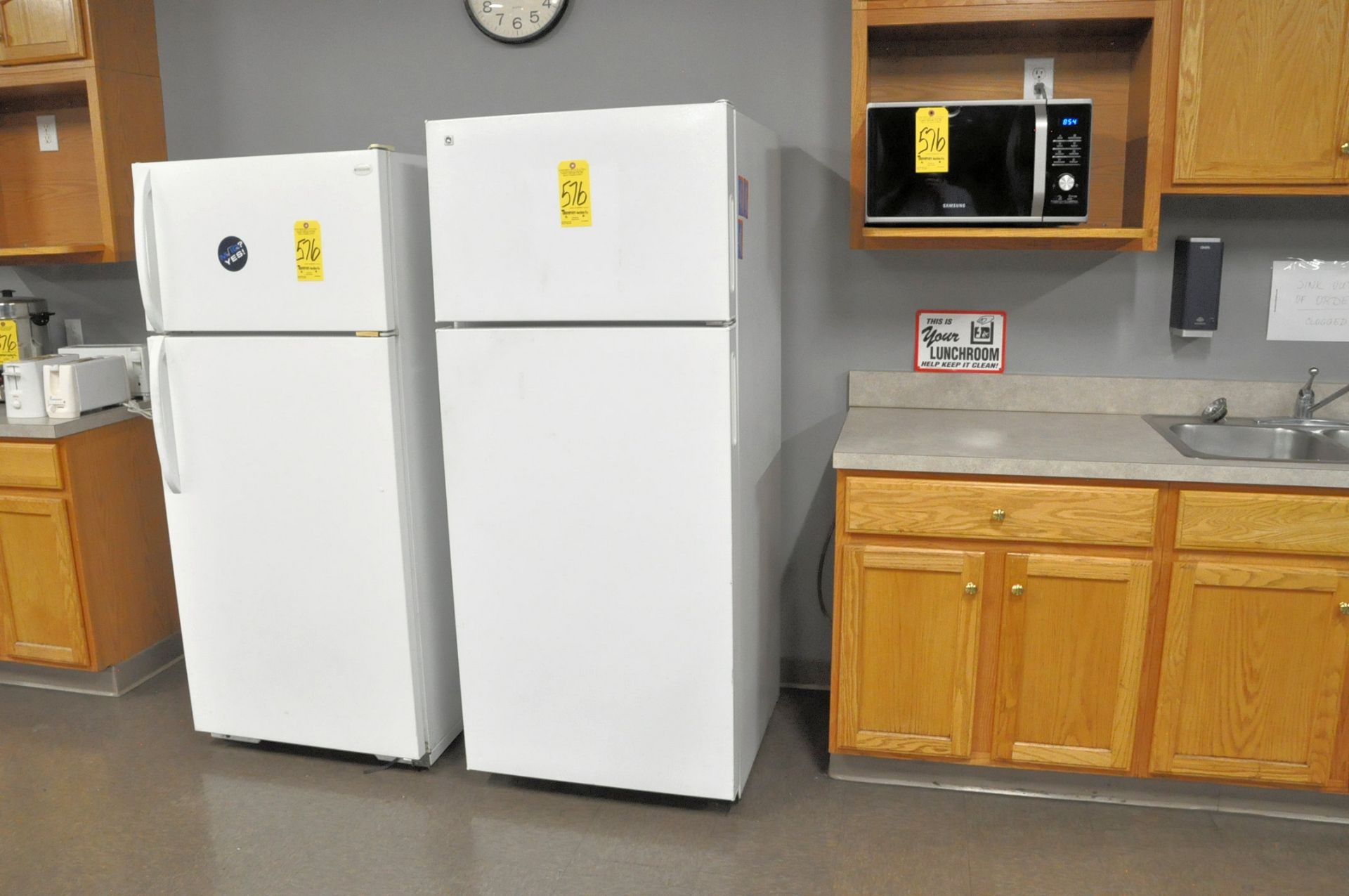 Lot-Frigidaire Refrigerator, GE Refrigerator, Samsung Microwave, (2) Mr. Coffee Makers, (3)