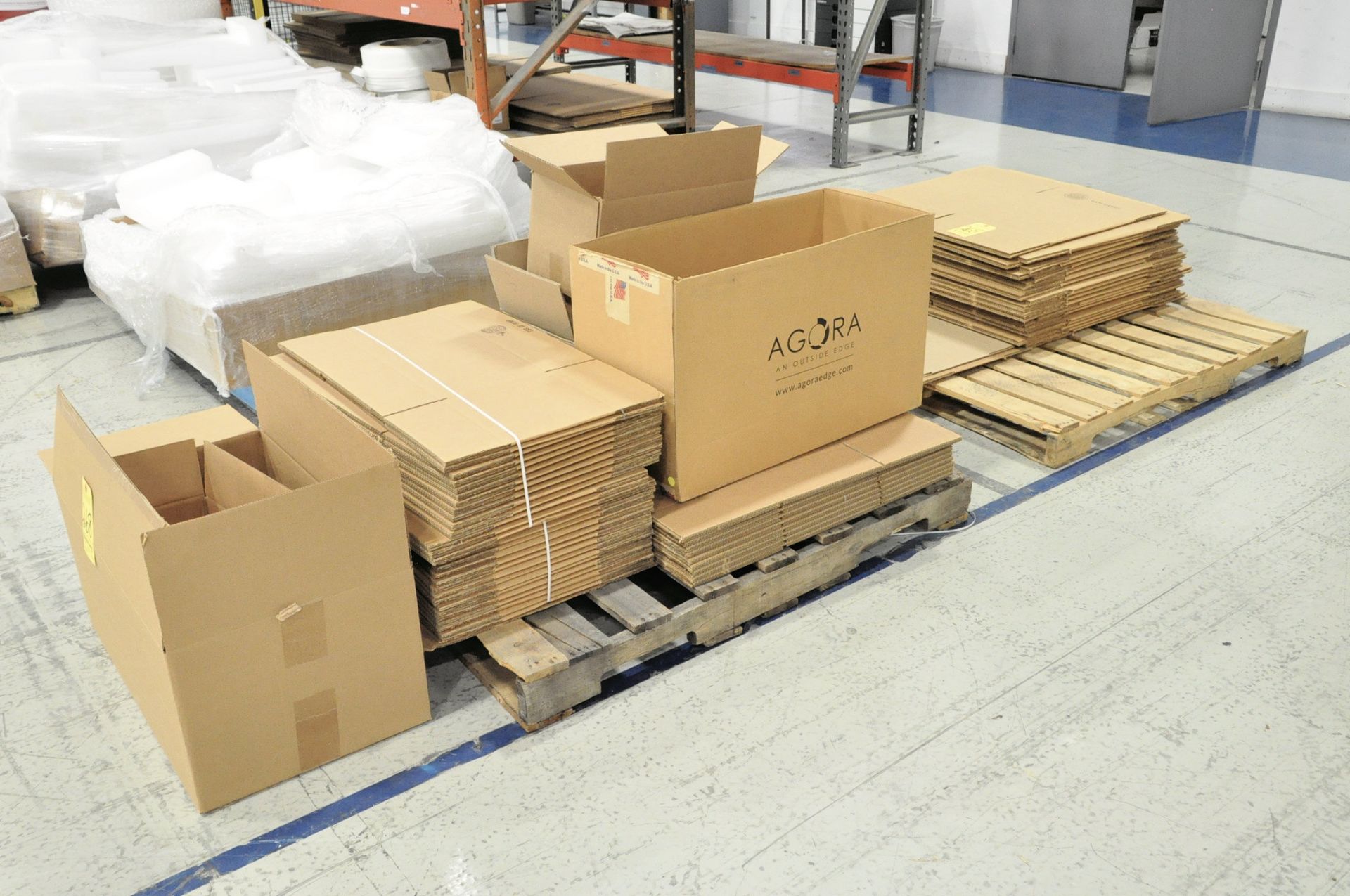 Lot-Various Shipping Boxes on (2) Pallets and (2) Shelves, Packing Materials on (1) Shelf and