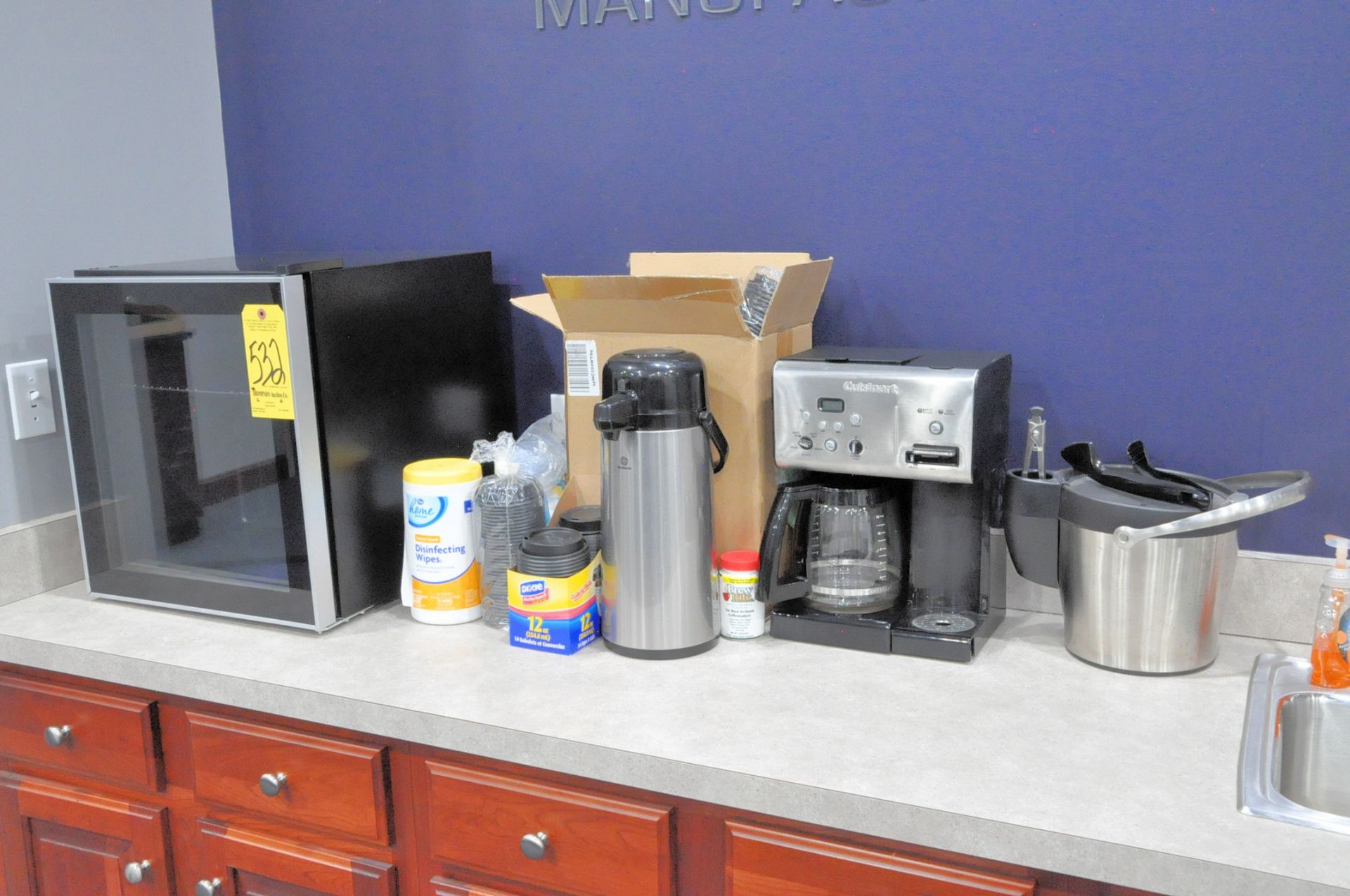 Lot-Countertop Refrigerator, Coffee Urn, Cuisinart Coffee Maker, Ice Bucket, and Supplies