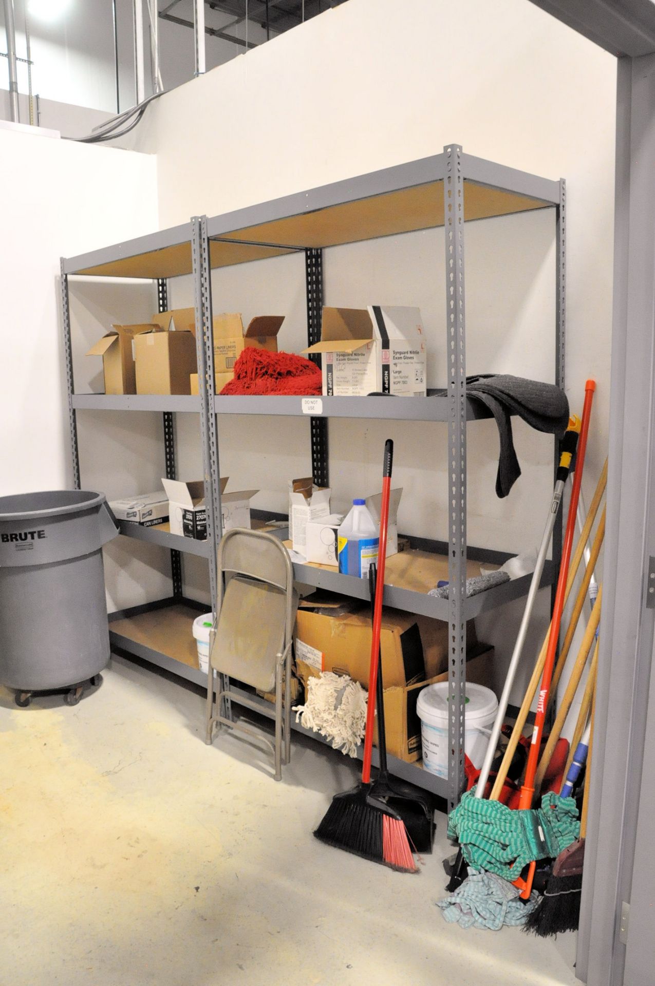 Lot-Various Janitorial Supplies with 4-Sections Shelving in (1) Storeroom