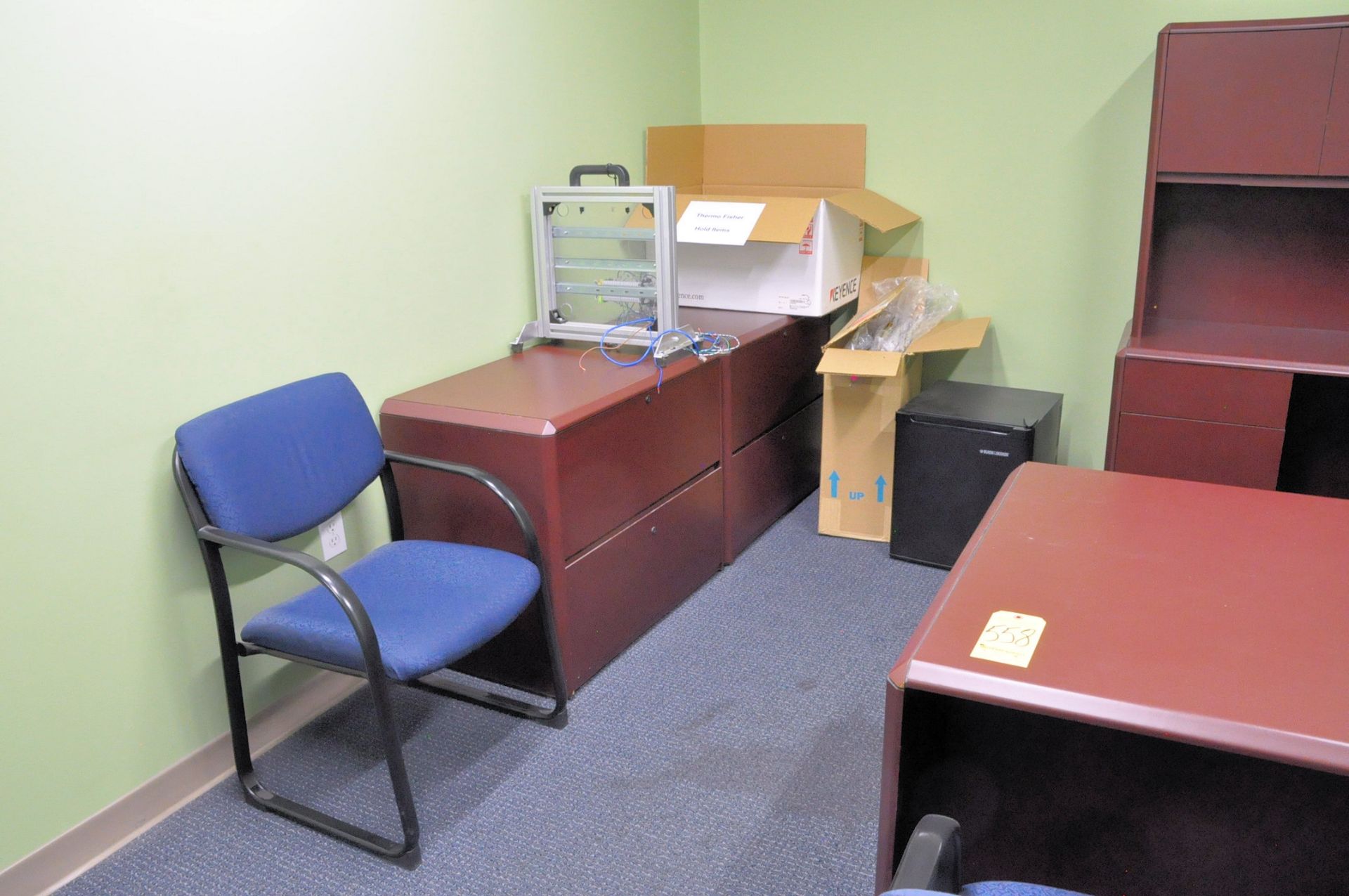 Lot-Desk, (4) Chairs, (2) Lateral File Cabinets, Credenza with Hutch, Black & Decker Refrigerator - Image 2 of 4