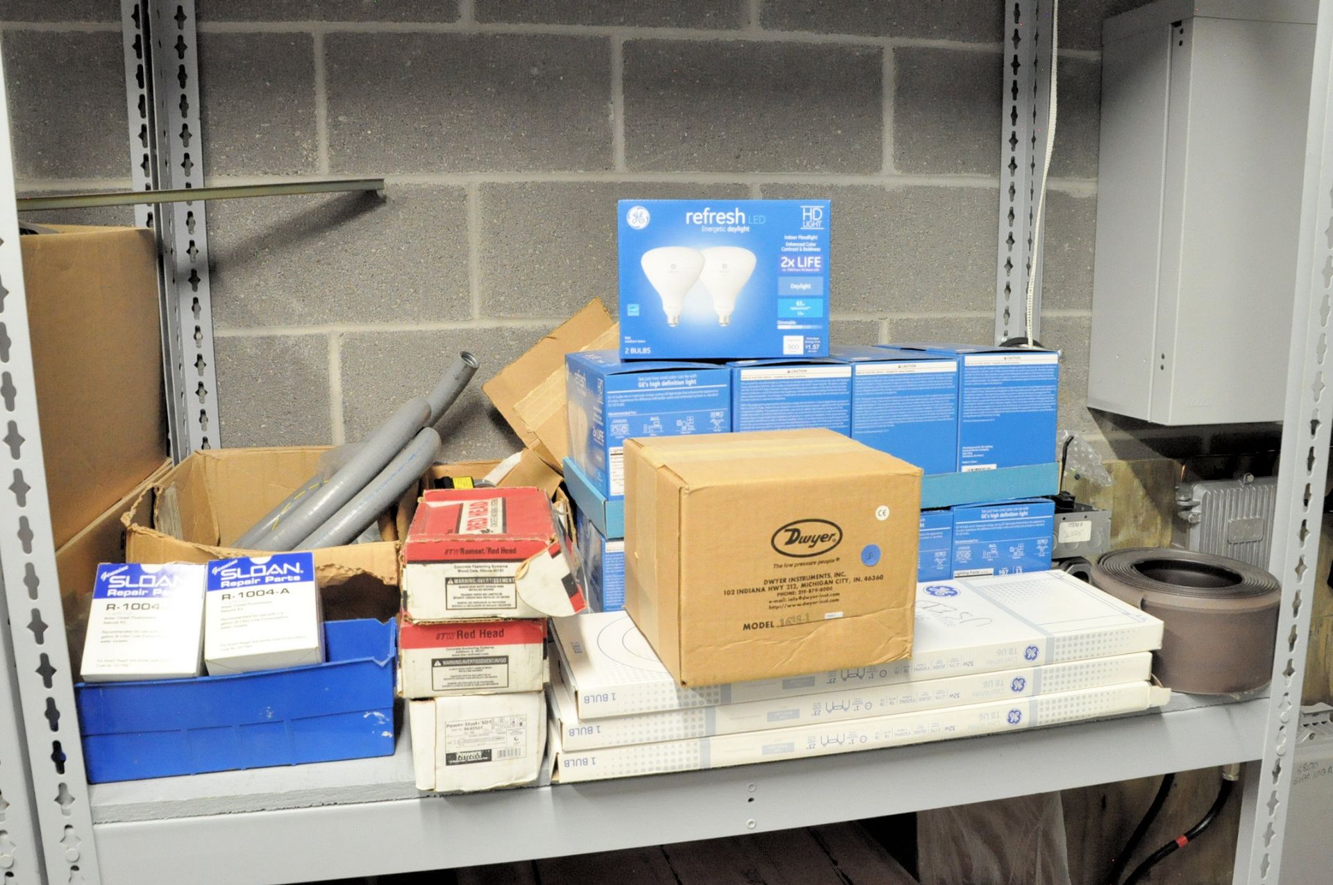 Lot-Lights, Ballasts and Fittings with (2) Sections Shelving in Storeroom - Image 3 of 6