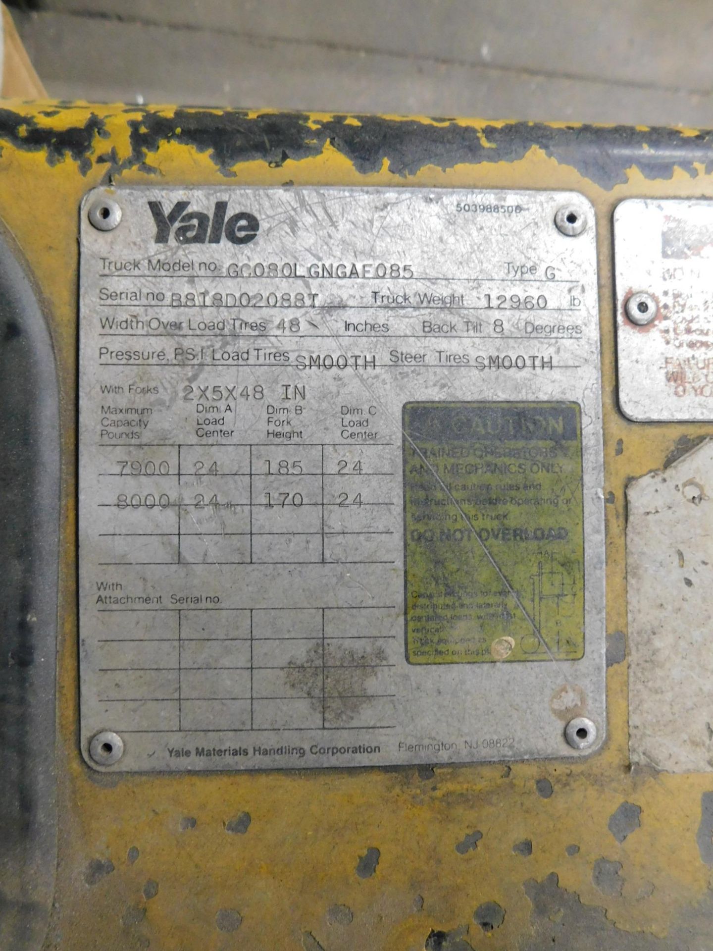 Yale 8000lb Cap. Forklift, Gasoline, 3 Stage mast, 60" Forks, Hard Tire, 5440 hours, Model - Image 20 of 20