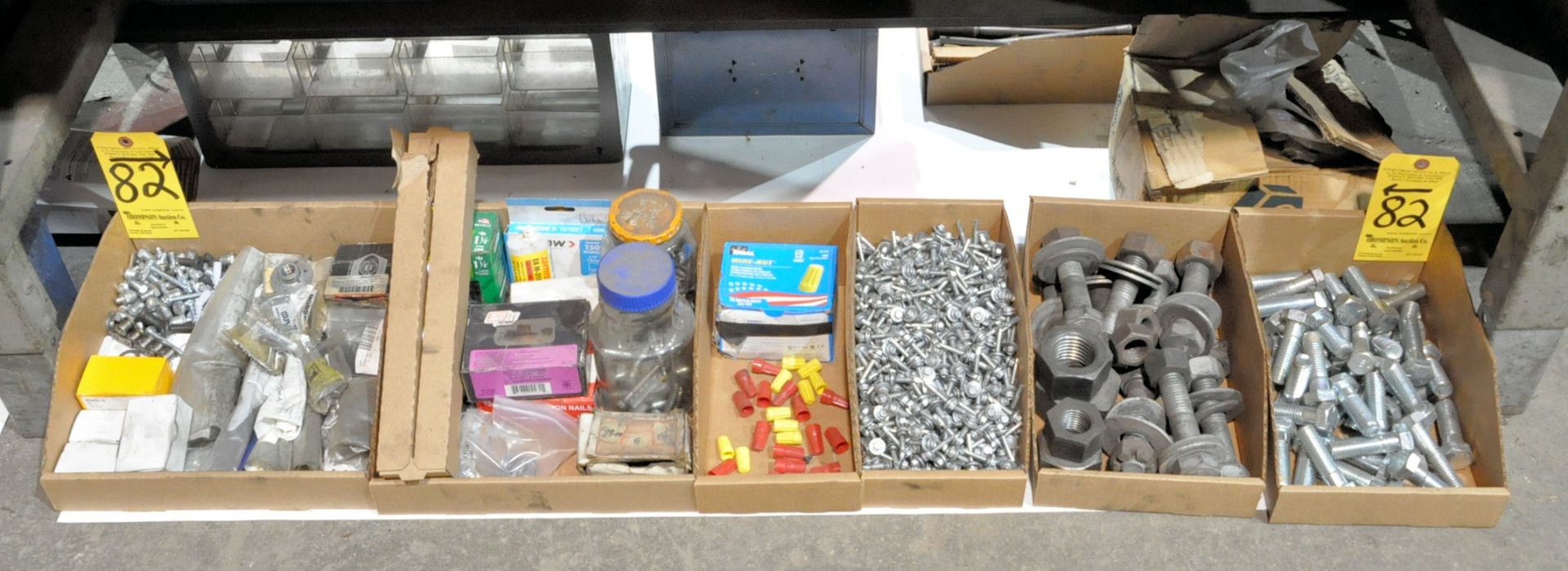 Lot-Screws, Nuts, Bolts, Wire Connectors, etc. in (7) Boxes on Floor Under (1) Bench