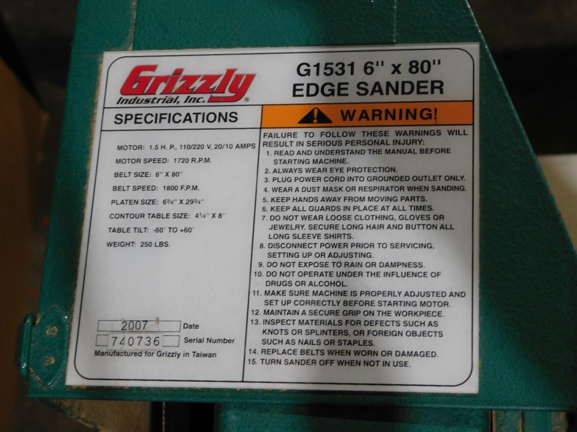 Grizzly Model G1531 6"X80" Edge Sander 220V, 1phs - Image 4 of 5