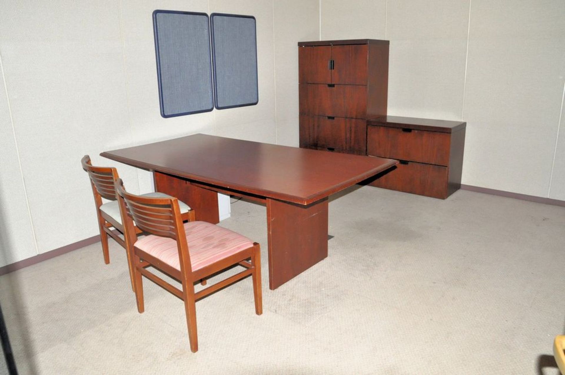 Lot-(1) Desk, (2) Lateral File Cabinets, (1) Bookcase, (2) Chairs and (1) Dry Erase Board in (1)