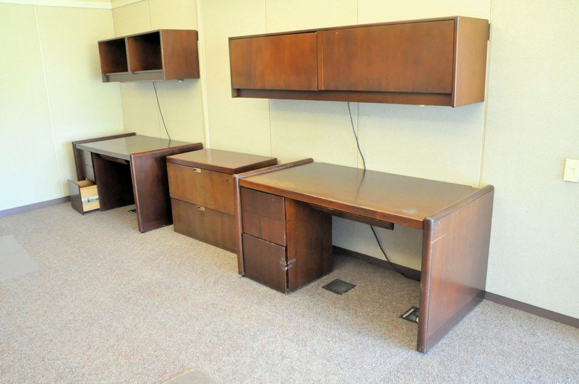 Lot-(1) 2-Door Storage Cabinet, (4) Desks, (1) Lateral File Cabinet, (1) Chair, (1) Short Cabinet,