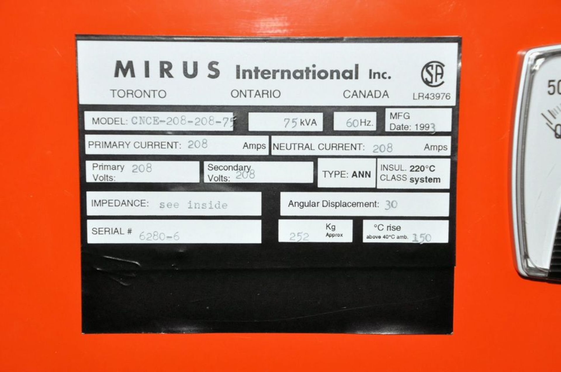 Mirus Model CNCE-208-208-75, 75-KVA Transformer, Neutral Current, Primary 208v, S/n 6280-6, ( - Image 3 of 3