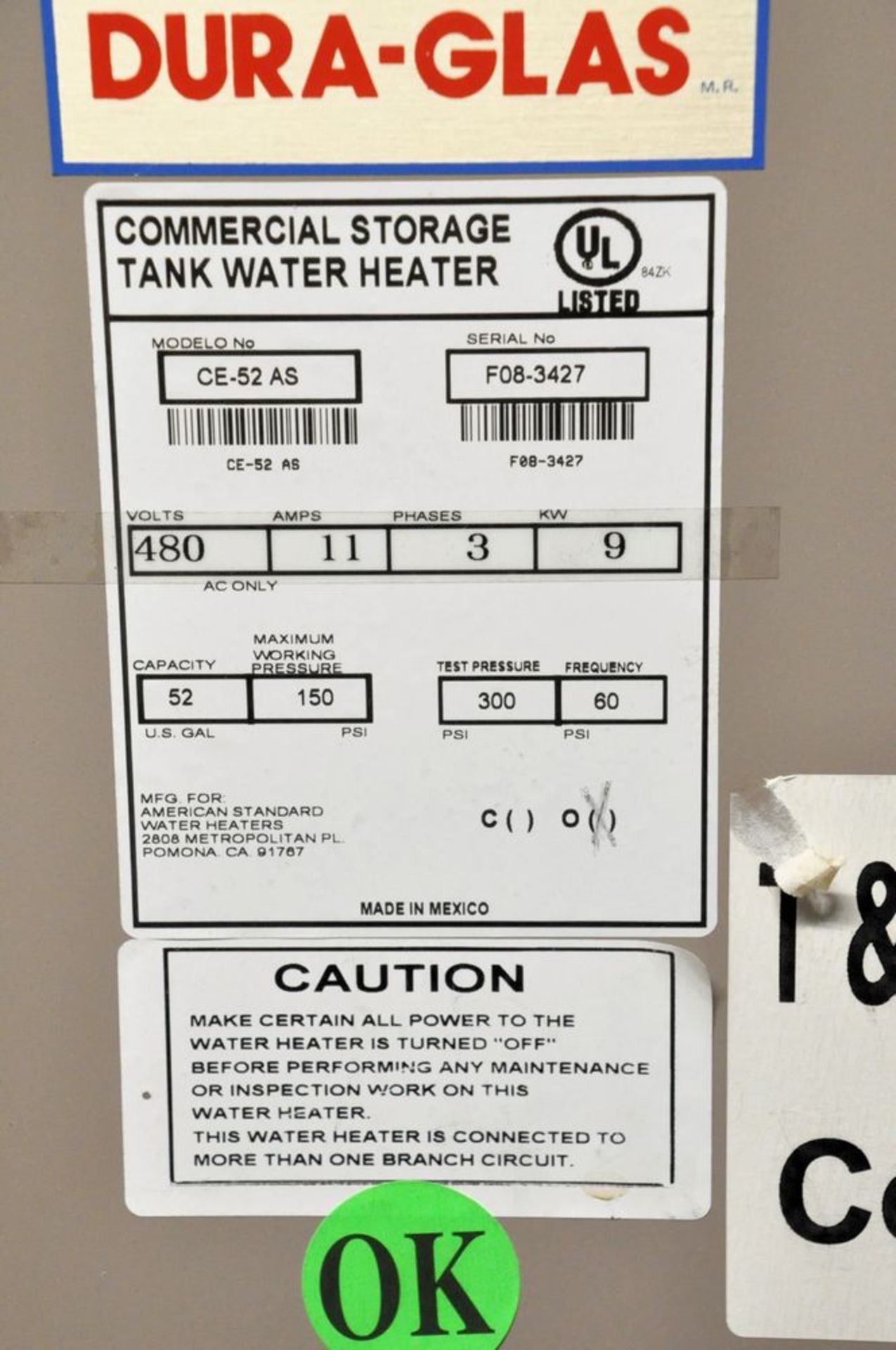 American Standard Dura-Glas Model CE-52 AS, 52-Gallon Electric Hot Water Heater, S/n F08-3427, 3-PH, - Image 3 of 3