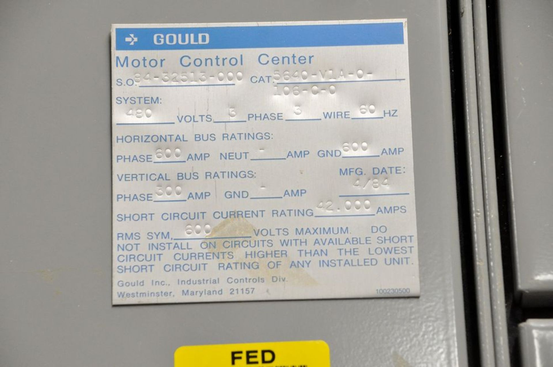 Gould Cat. No. 5640-V1A-0-106-C-0 Motor Control Center, 480v, 3-PH, 600-Amp Horizontal, 300-Amp - Image 2 of 2