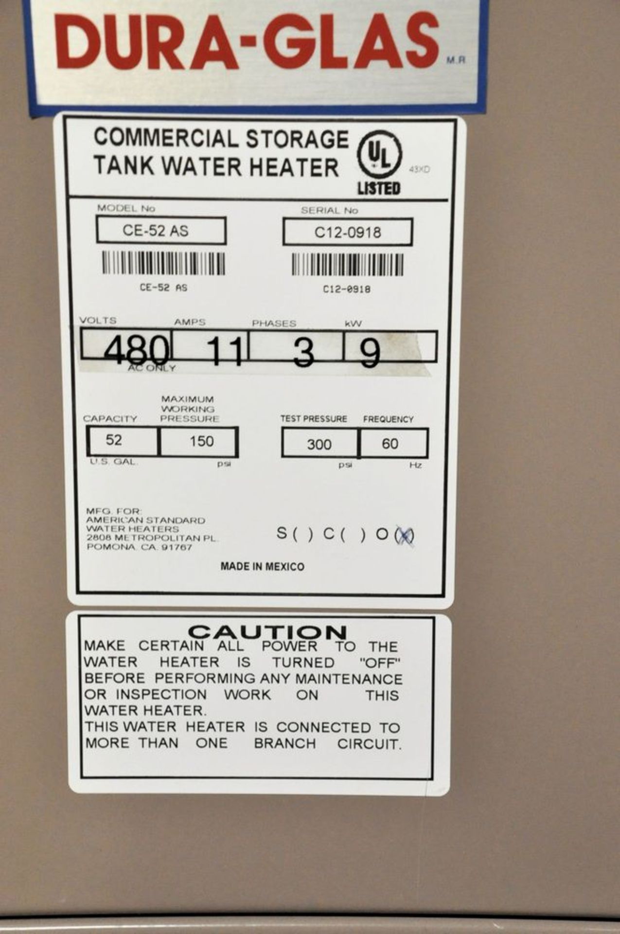 American Standard Dura-Glas Model CE-52 AS, Electric Hot Water Heater, S/n C12-0918, (Mechanical - Image 3 of 3