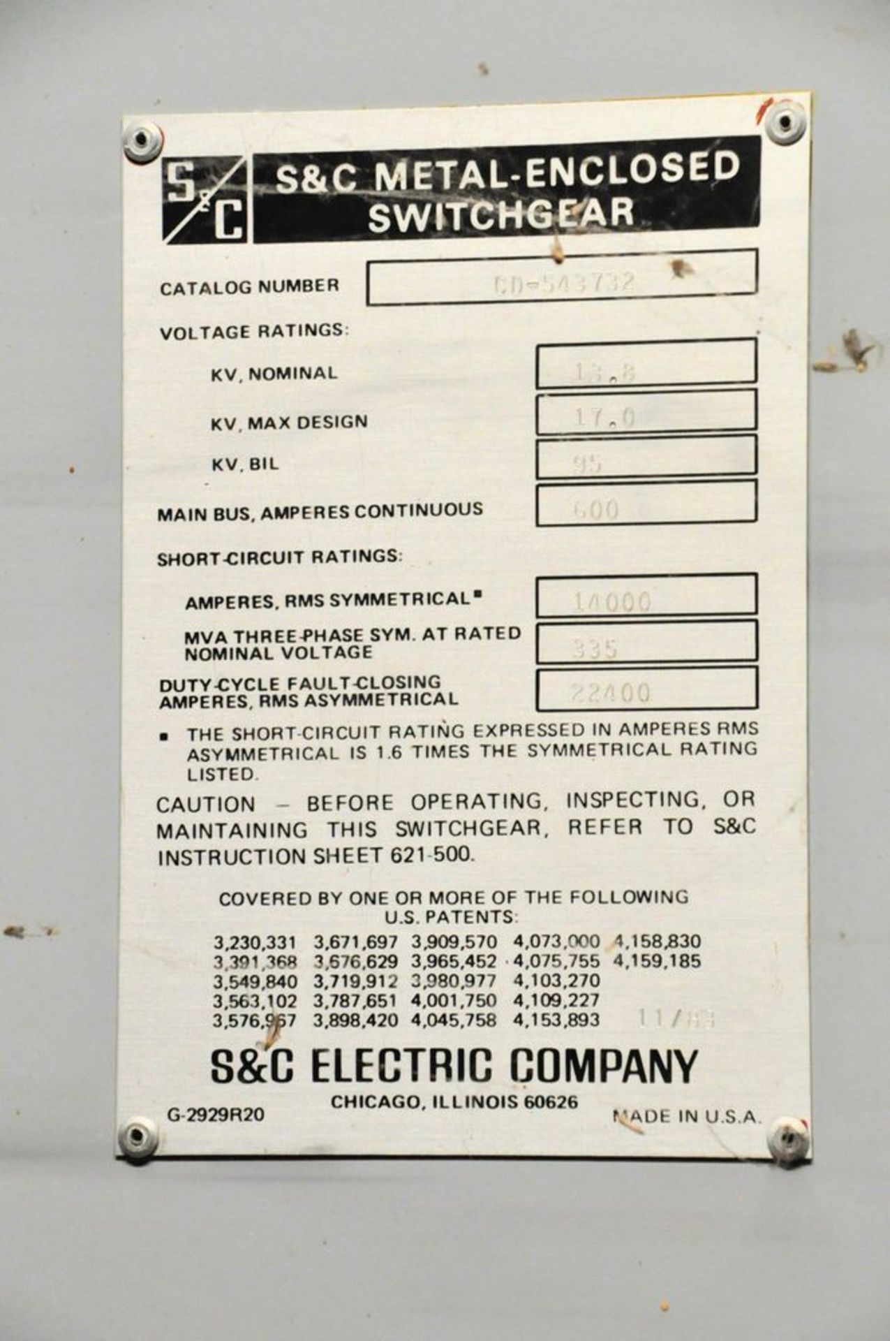 S&C Electric Cat. No. CD-543732, Metal Enclosed Switchgear, (1983), (3) Main Disconnects, (P122 - Image 3 of 3