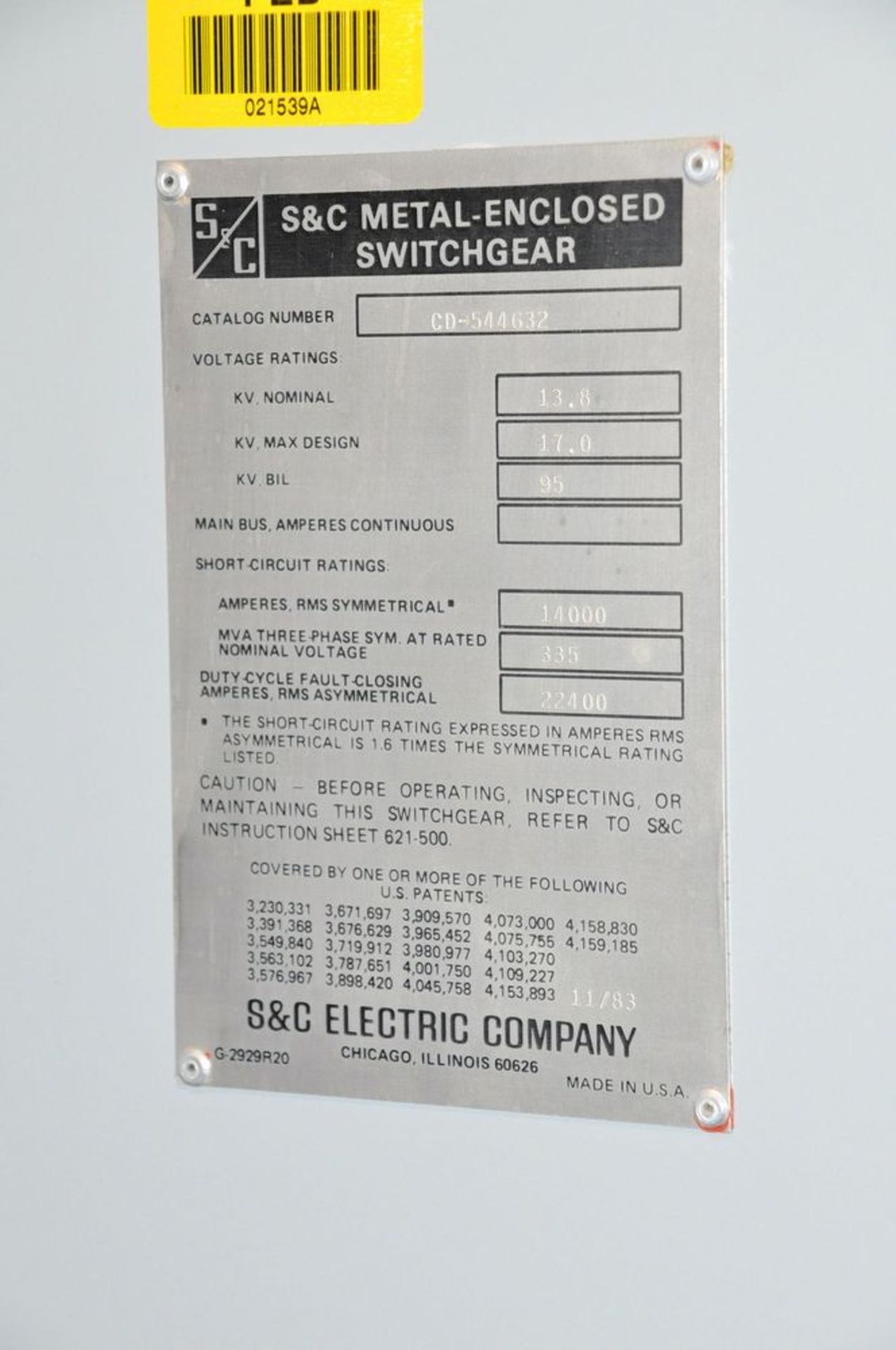 Lot-S&C Electric Cat. No. CD-544632, Metal Enclosed Switchgear, (1983), Westinghouse DT 1002, Type - Image 17 of 17