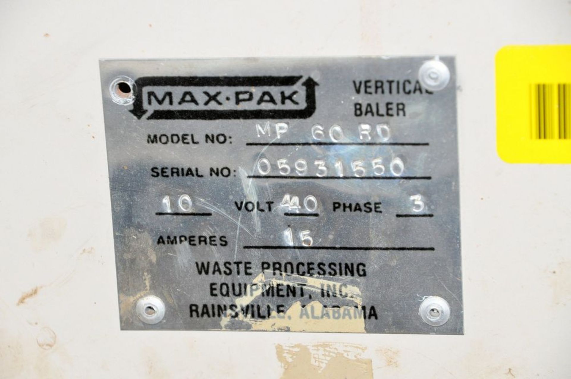 Max-Pak Model MP 60 RD, 60W x 42"H Vertical Baler Machine, S/n 05931550, (Loading Dock Area), (1st - Image 4 of 4